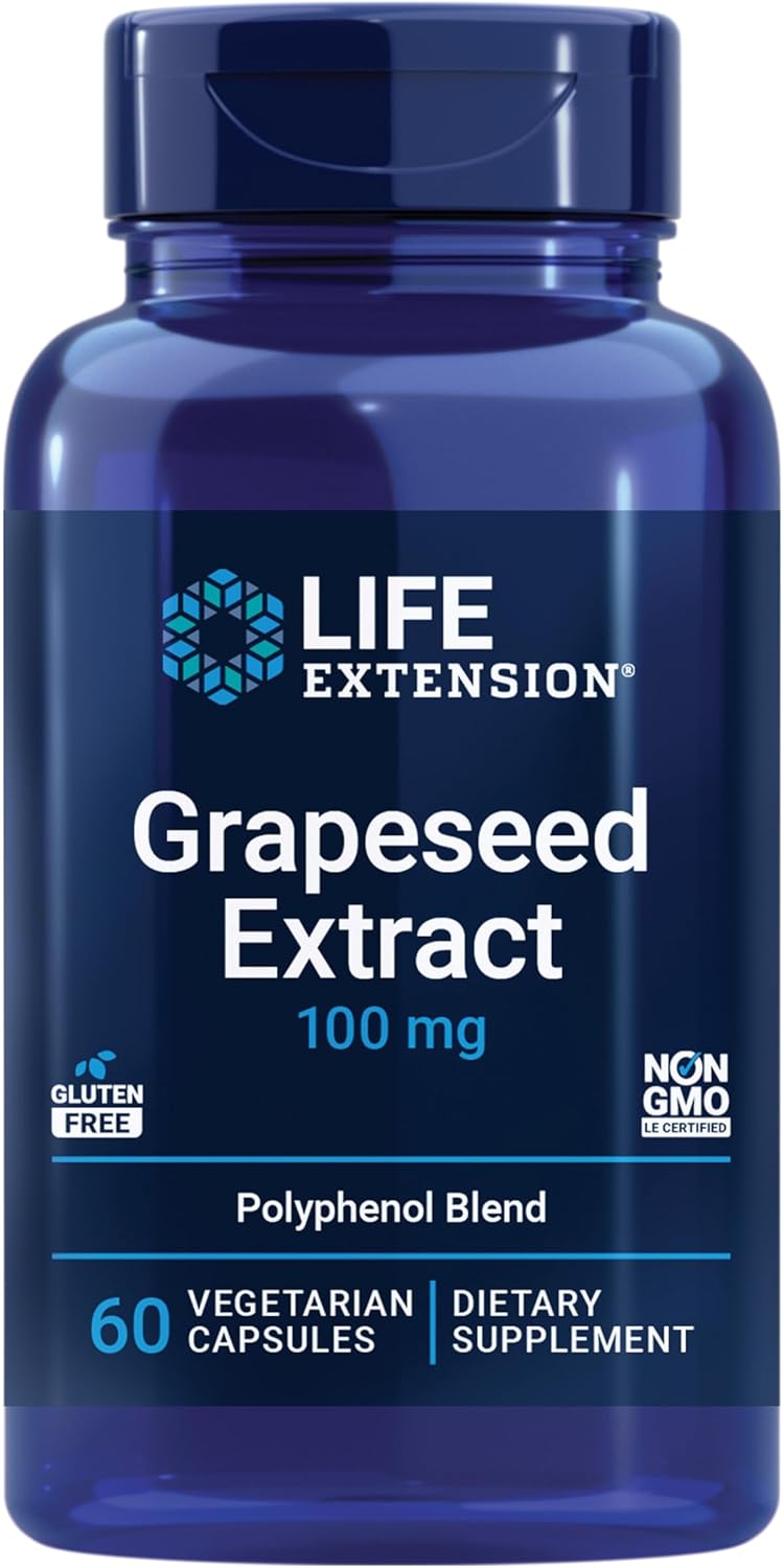 Life Extension Grapeseed Extract, Vitamin C, Calcium, resveratrol, polyphenols, Cardiovascular Health, antioxidant Protection, Gluten-Free, Non-GMO, Vegetarian, 60 Capsules