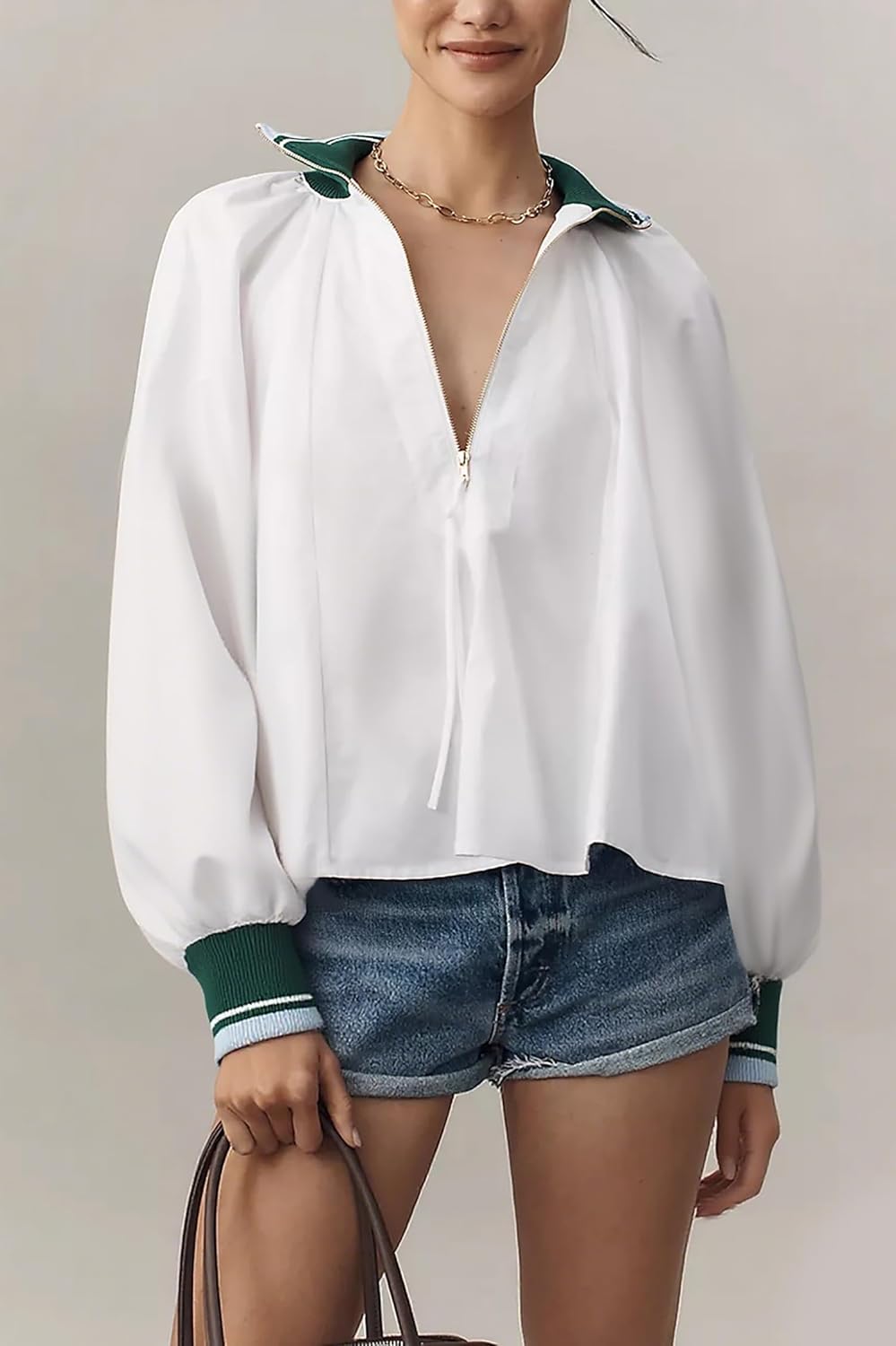 MISSACTIVER Women Half Zip Blouses Dressy Puff Long Sleeve Tunic Shirts Sporty Henley Swing Top Casual Loose Fit Tops - Image 2