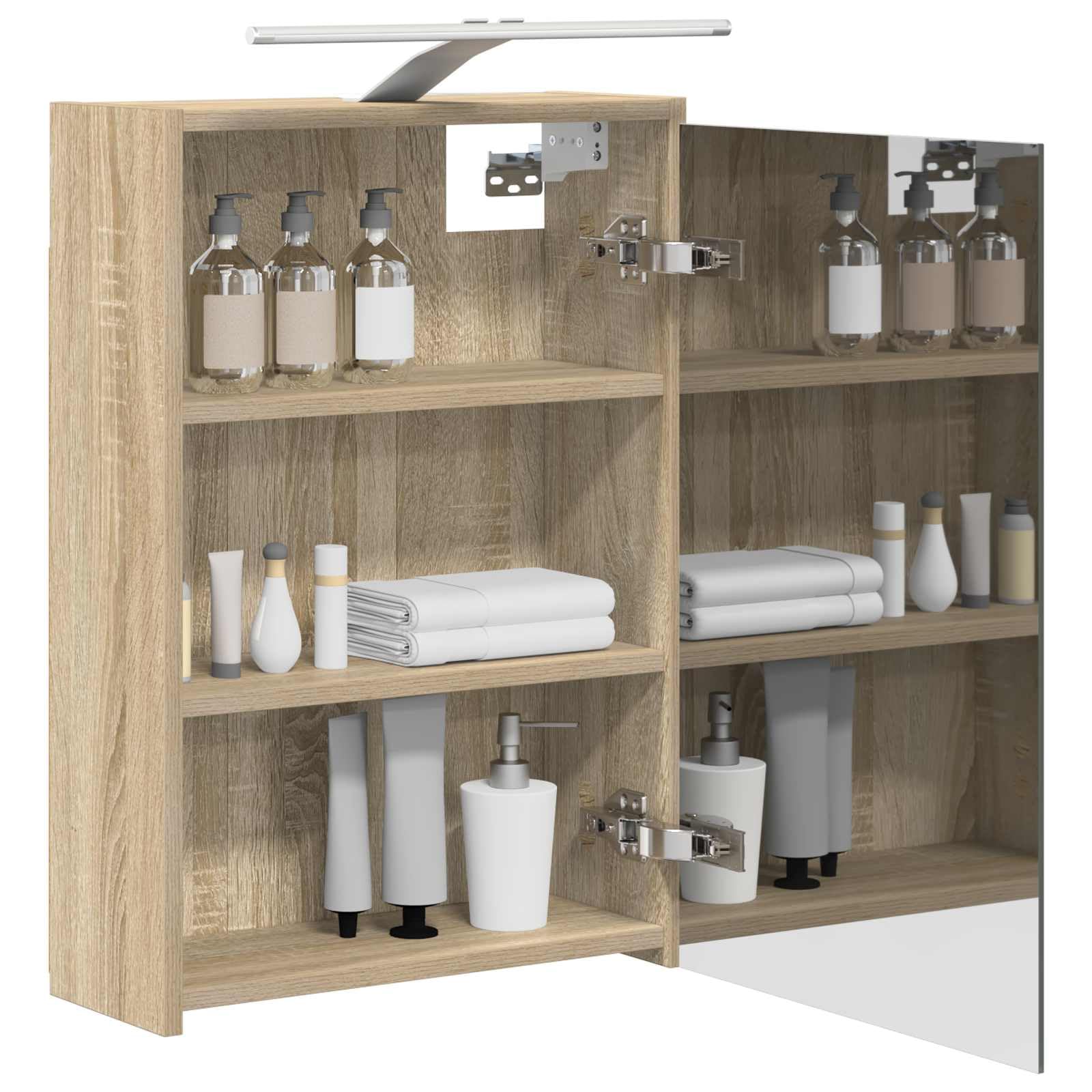 Szafka łazienkowa z lustrem Sonoma z drzwiami 43 x 16 x 62,5 cm, materiał drewnopochodny, wisząca na ścianie, z miejscem do przechowywania, oświetleniem LED, regulowanymi półkami i