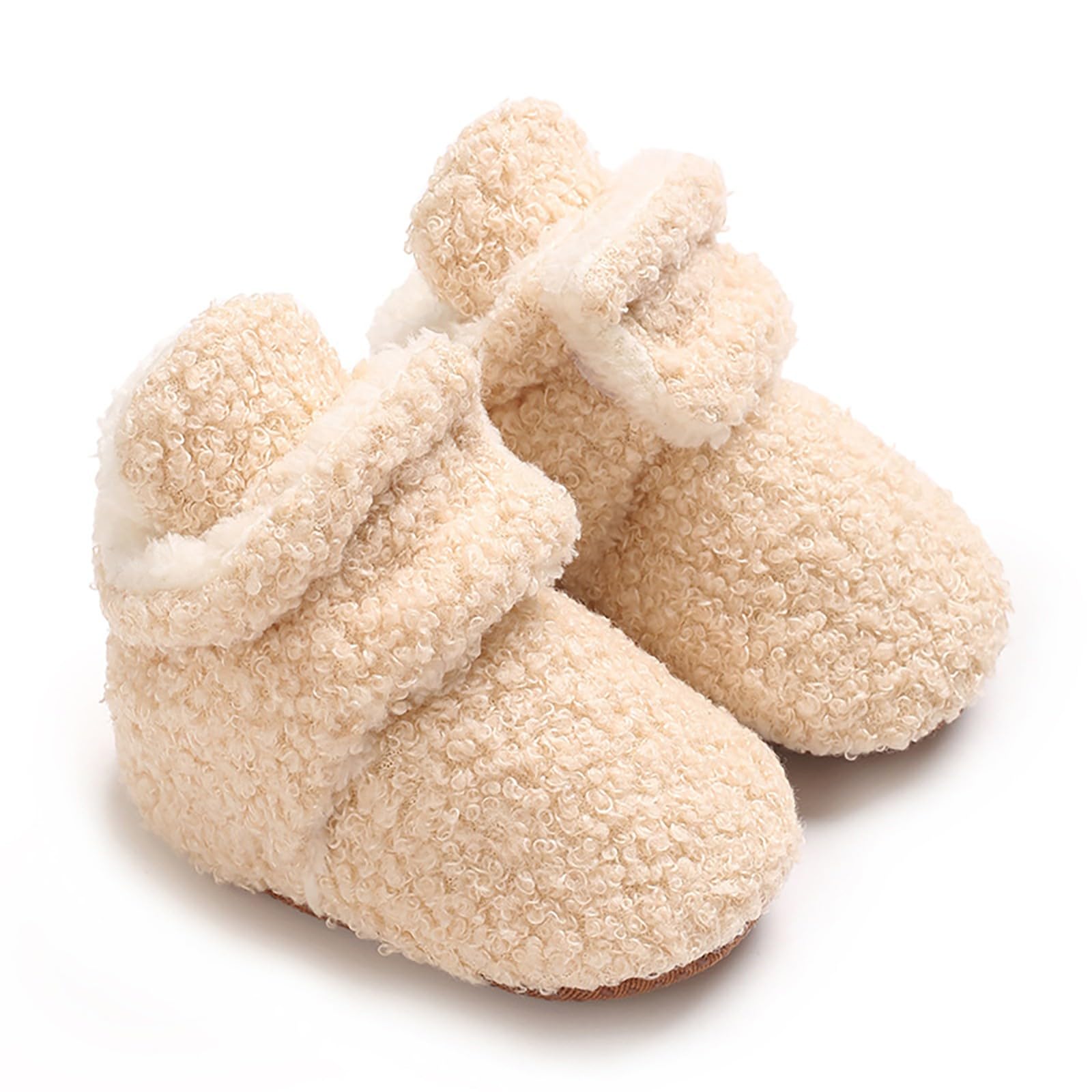 Fleece Baby Booties Girls Boys Sock Slippers Soft Warm Sock Shoes Newborn Anti-Slip Boots Infant Soft Sole Comfort Shoes (Beige, 6-9 Months)