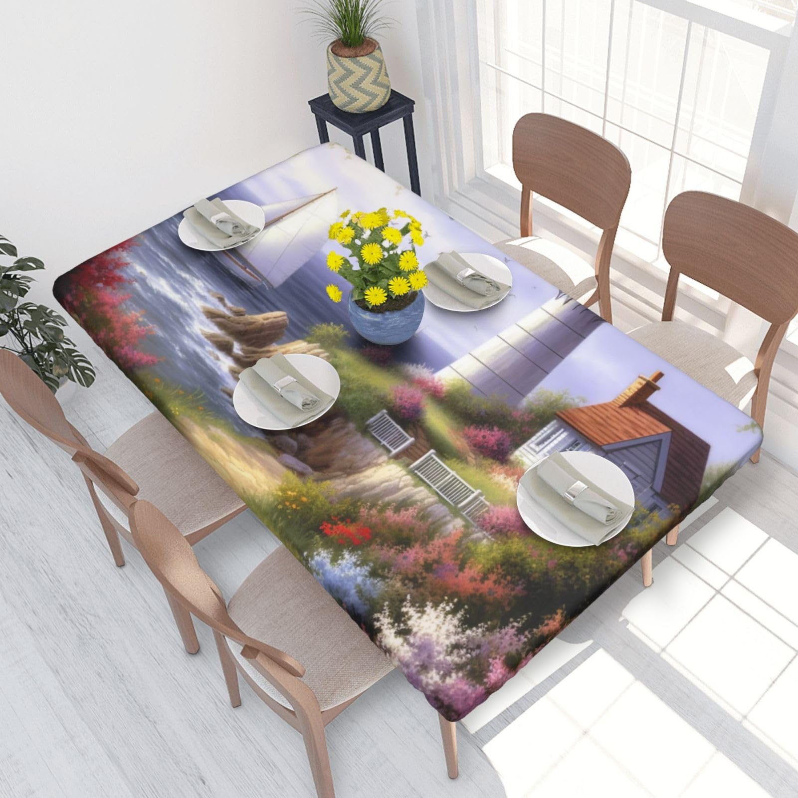 DCARSETCV Beacon Painting Printed 4FT Waterproof Tablecloth with Elastic Edged Protect & Decor Your Table, Oil-proof Washable Table Cloth Cover for Dinner Picnic Party