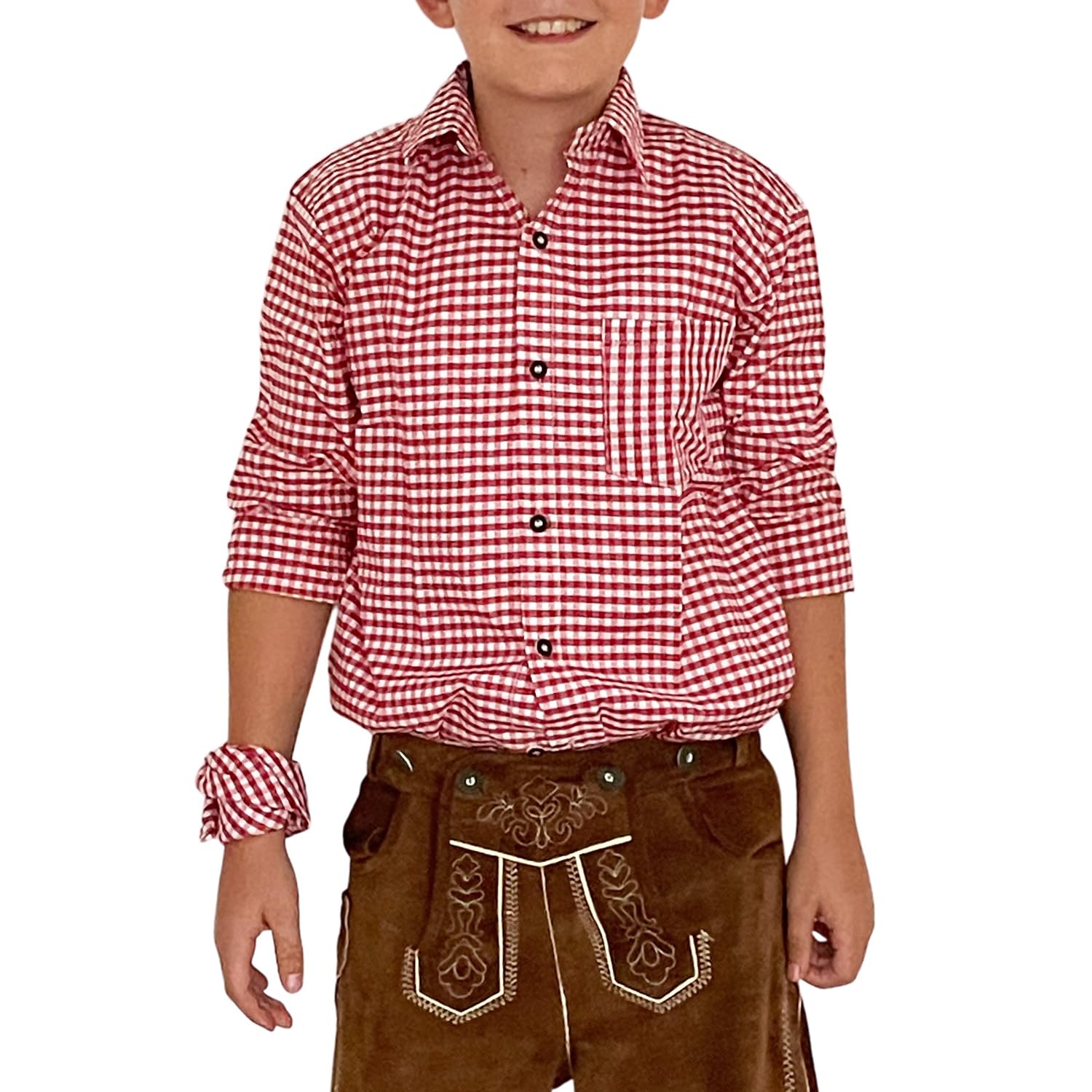 Camicia da ragazzo con pantaloni in pelle a quadretti e cotone bianco a maniche lunghe con foulard 45 x 45 cm e tasca sul petto