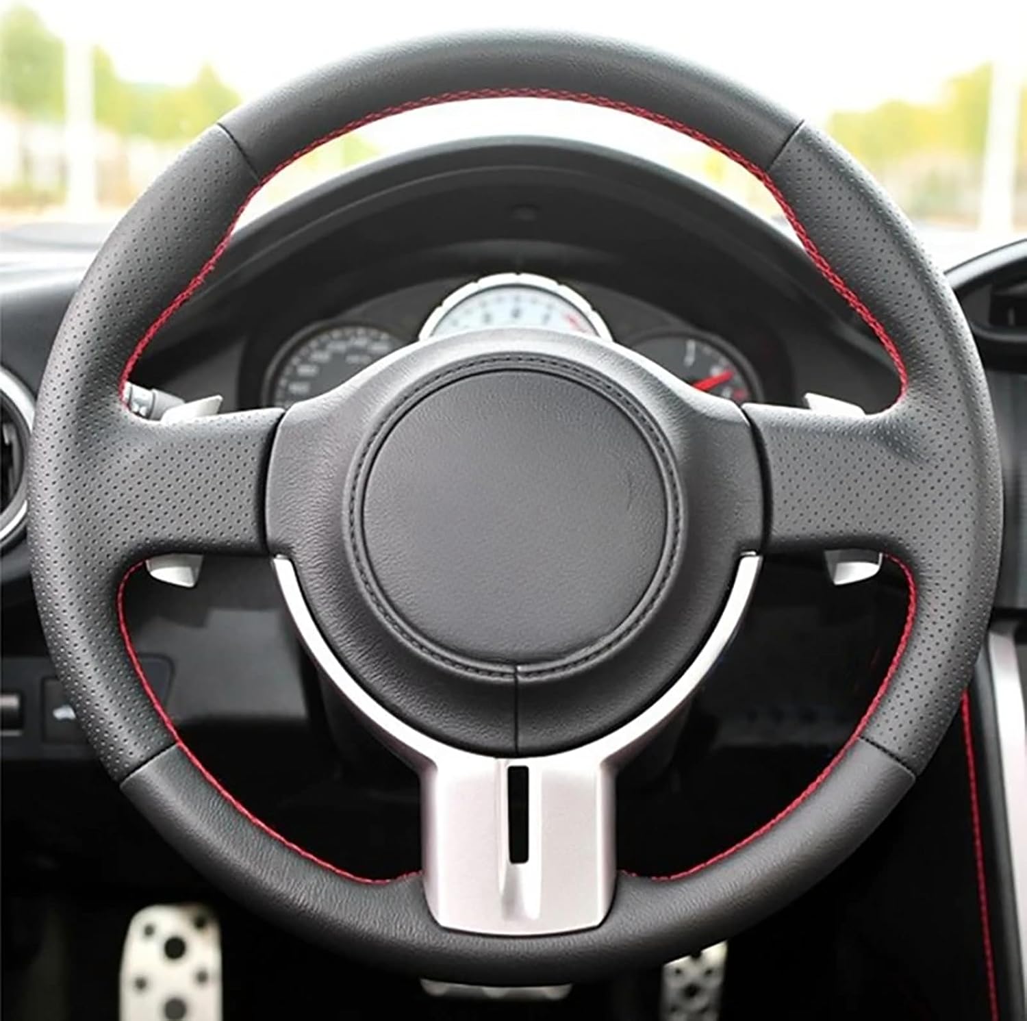 Loncky Black Genuine Leather Auto Custom Steering Wheel Covers for Scion FR-S 2013 2014 2015 2016 / Subaru BRZ 2013-2016 / Toyota 86 Accessories