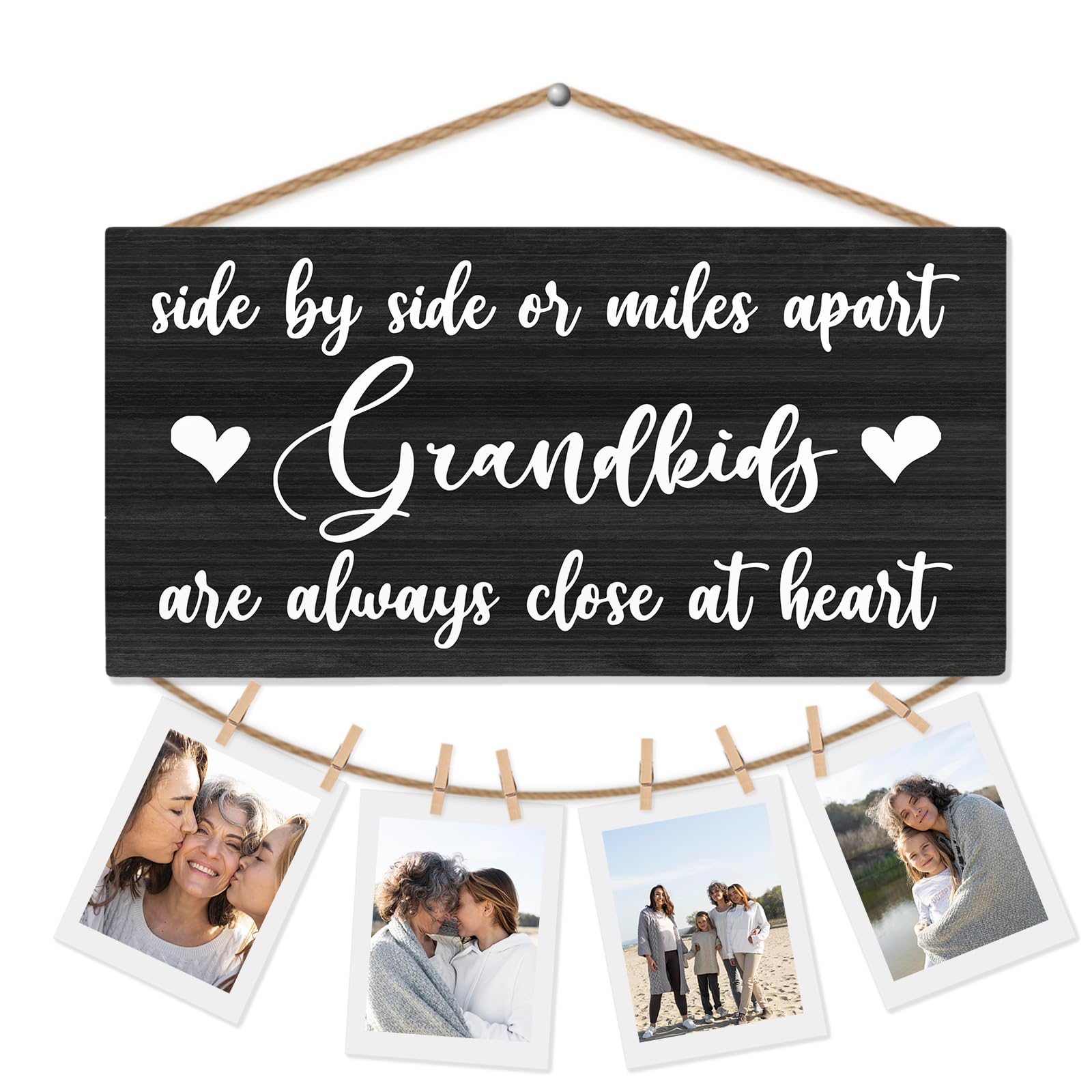 CGBHW Grandkids Picture Frame Photo Holder for Wall, Grandparents Frame, Grandma and Grandpa Gifts, Grandkids Are Always Close at Heart Hanging Sign Wall Display Decor