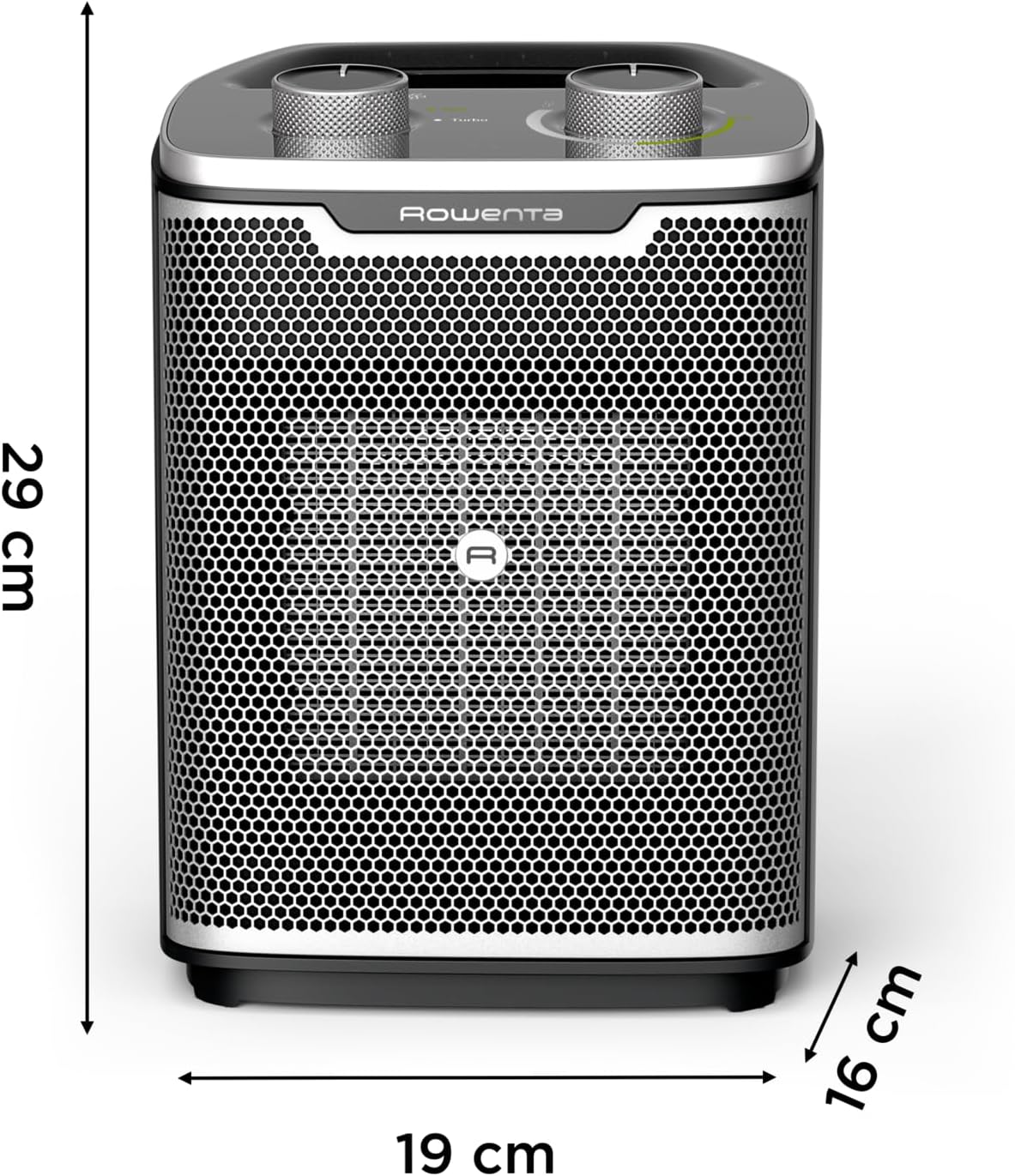 Diagram showing the dimensions of the Rowenta Intense Comfort Heater: 29 cm height, 19 cm width, 16 cm depth.