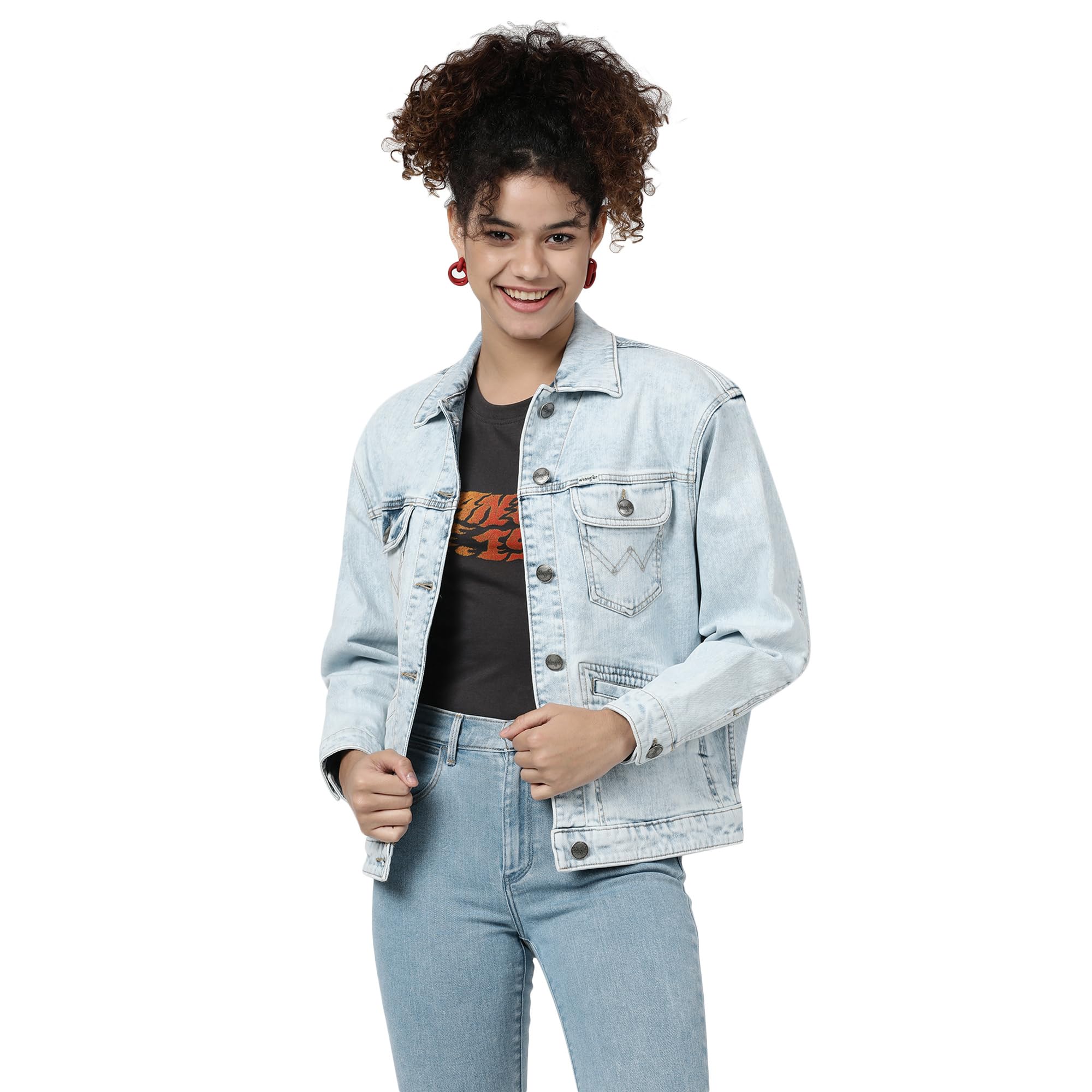 Wrangler Women's Solid Blue Denim Jacket (Oversize) in blue