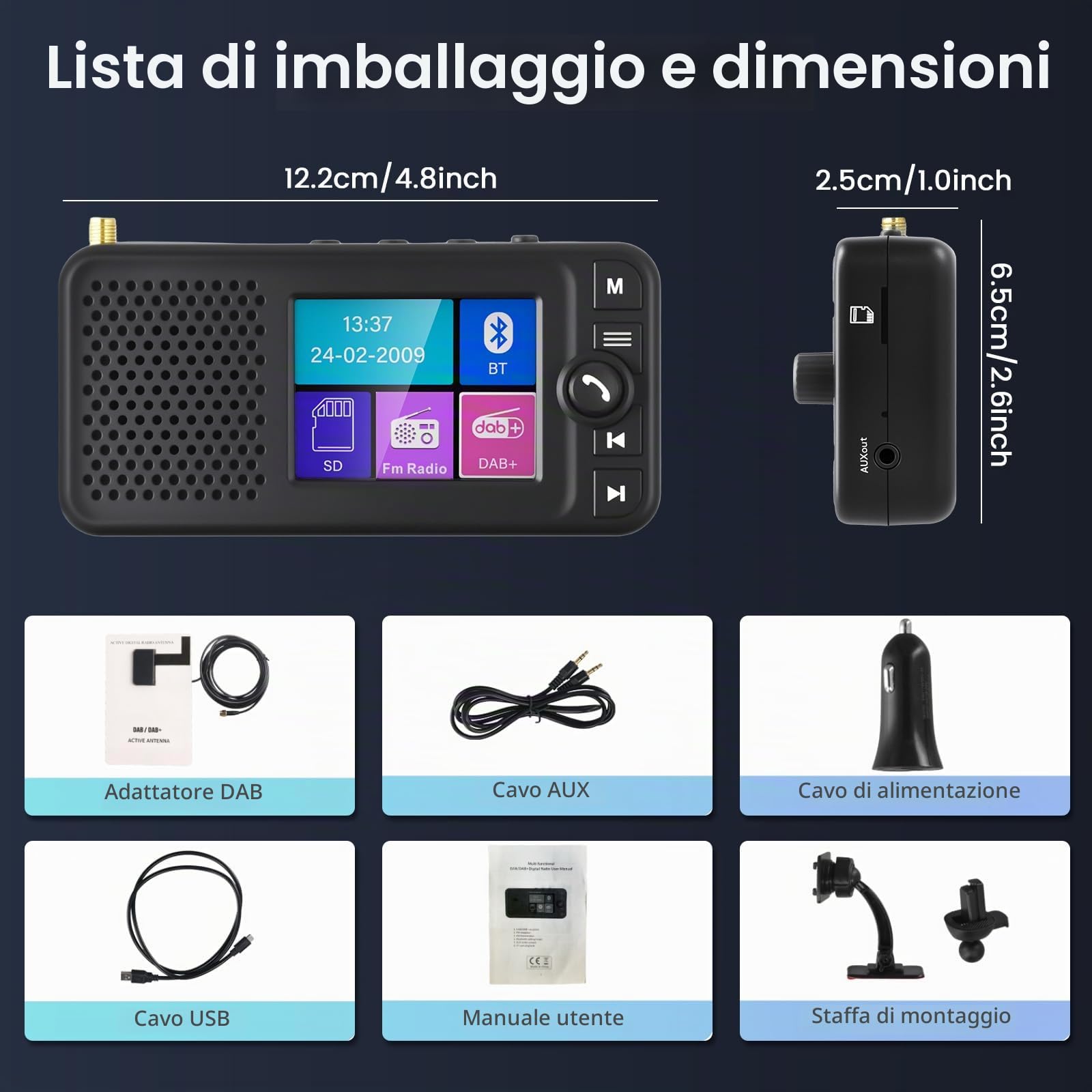 Hikity Adattatore DAB+ per Autoradio Bluetooth 2,4" LCD | Trasmettitore DAB/FM, Ingresso/Uscita Ausiliaria, Caricabatteria per Auto