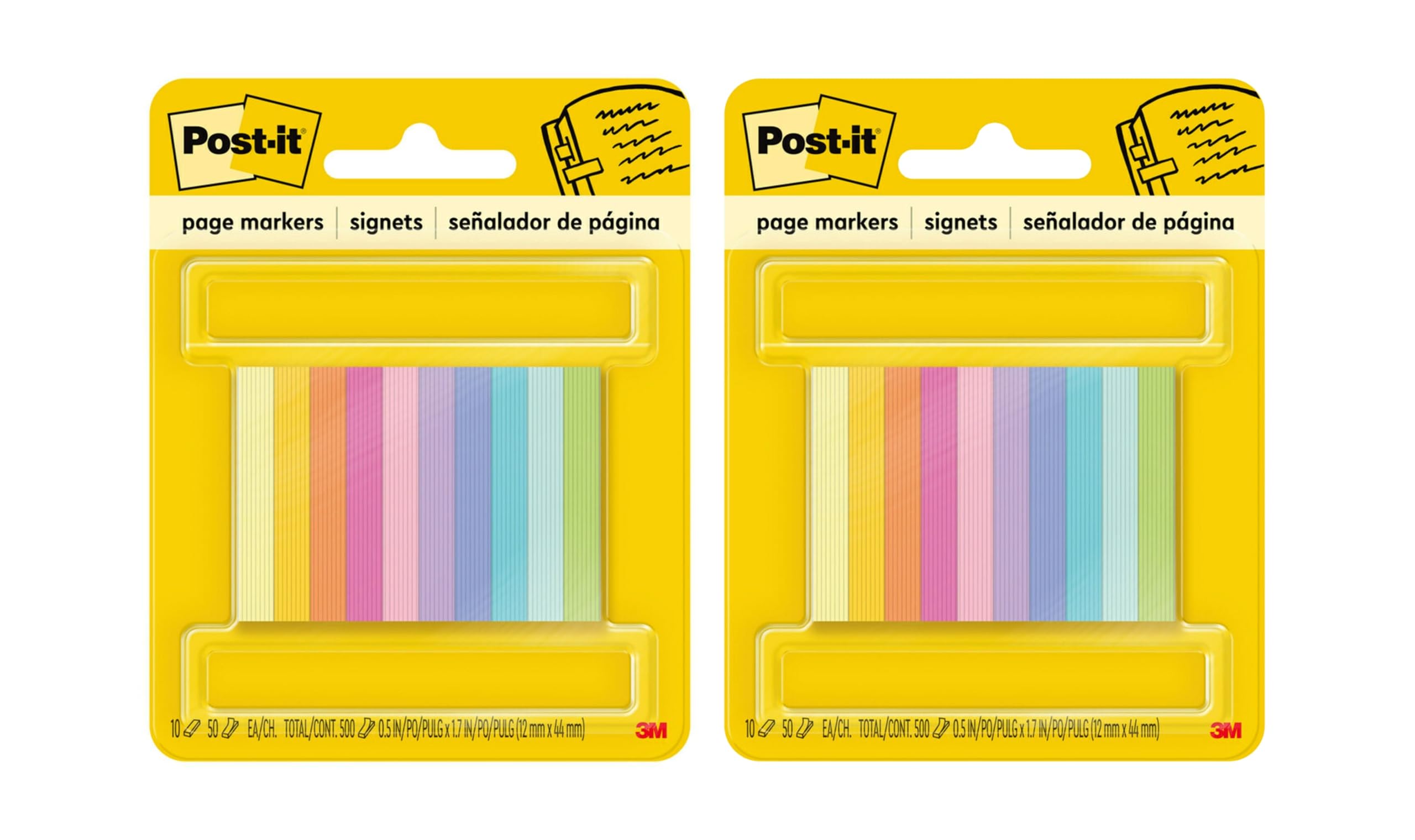 Post-it Page Markers, Assorted Bright Colors, 1/2 x 2-Inches, 50-Markers/Pad, 10-Pads/Pack, 2-Pack