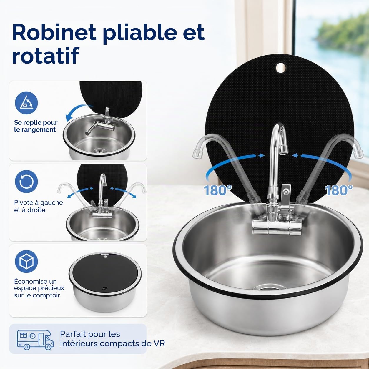 Évier de cuisine à fermeture éclair - 34 x 15 cm - En acier inoxydable - Avec robinet pliable - Pour camping-car, caravane, camping-car