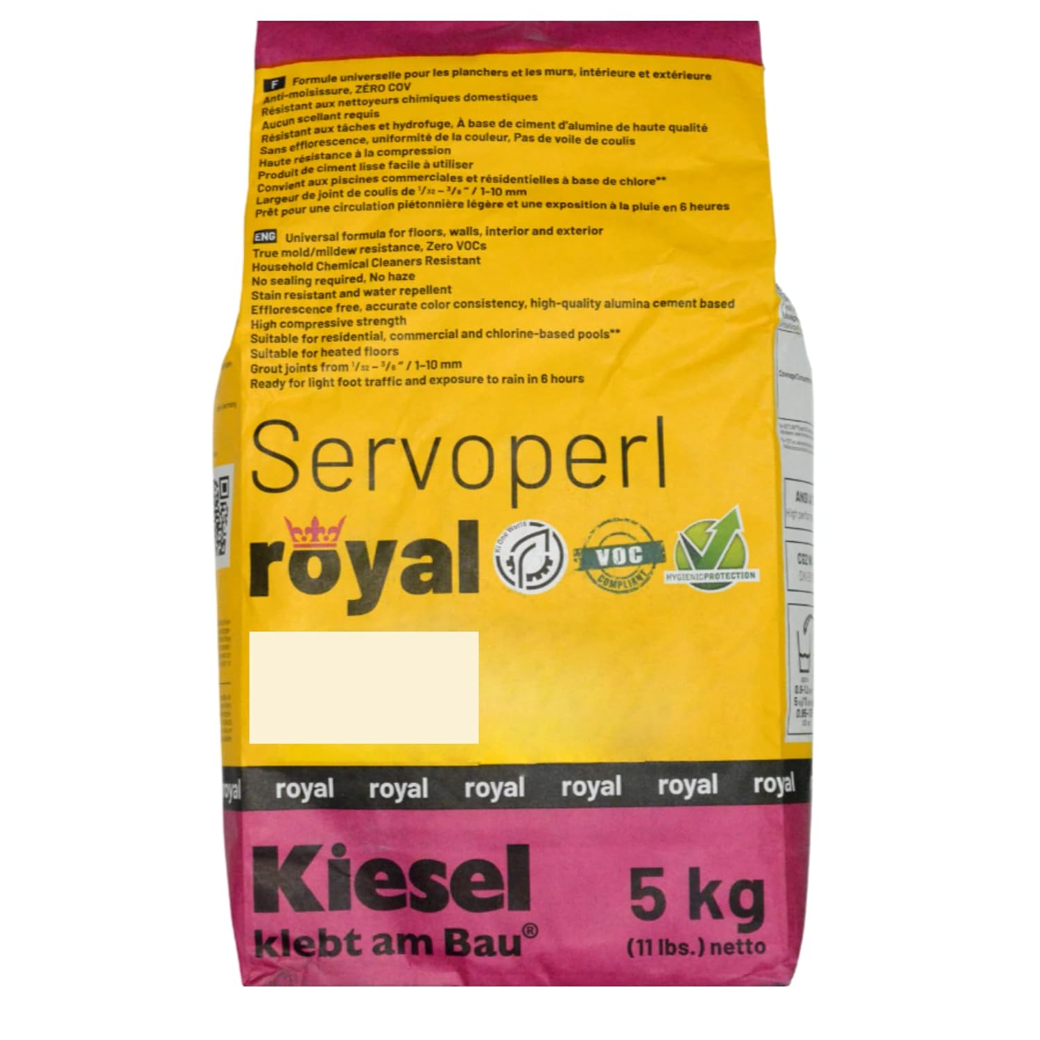 Kiesel Servoperl Royal High-Strength Stain and Water Repellent Grout 11lbs (5kg), Alumina Cement Based, Designed for Walls, Floor Tile Installations Colored in Stone Grey