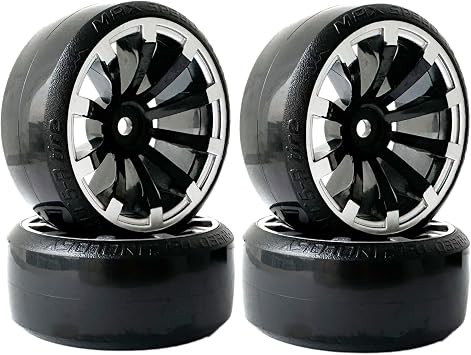RC Plastic Wheel and Tire Set,WONFAST RC Drift Car 63mm Hard Tyres 12mm Hub Wheel for 1/10 On-Road Drifting Car Parts for HSP Tamiya HPI Kyosho TT02Black Silver