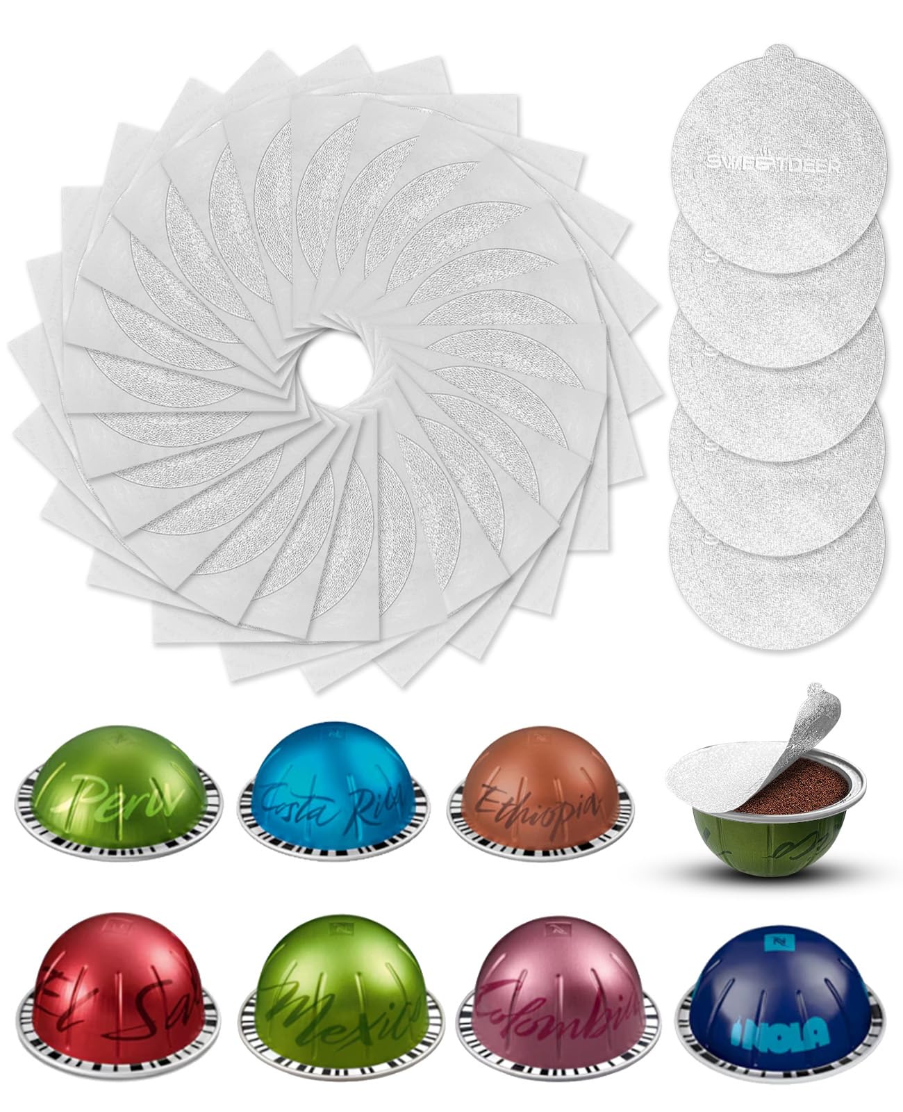 SWEETDEER Aluminum Foil Seal Lids for Nespresso Vertuo Refillable Pods,110pcs Reusable Seal Covers for Vertuoline Capsules,Compatible with Vertuo Reusable Pods(62mm)