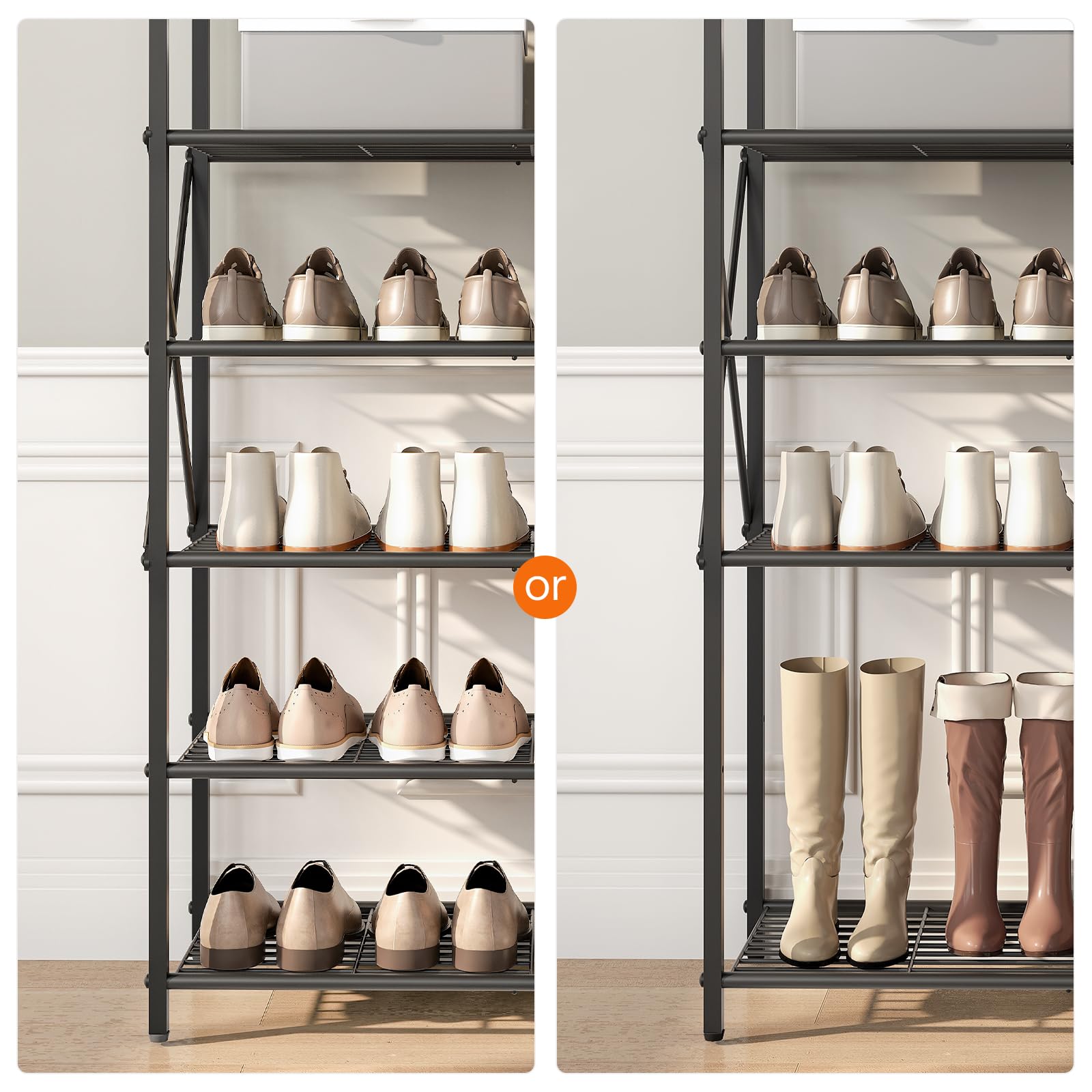 HOOBRO Schuhregal mit 8 Ebenen, Hoch Schuhablage, Große Schuhaufbewahrung, Schuhständer Metallrahmen, Schuh-Organizer für Schlafzimmer, Flur, Dunkelbraun-Schwarz EBF88XJ01