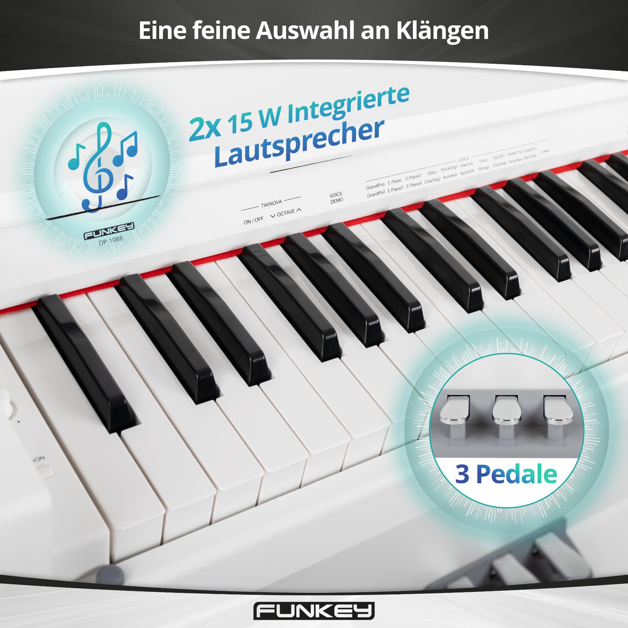 FunKey DP-1088 WM Teclado de piano digital delgado - 88 teclas sensibles a la velocidad y 3 pedales - 20 sonidos - Altavoces estéreo integrados y 2 tomas para auriculares - Blanco mate