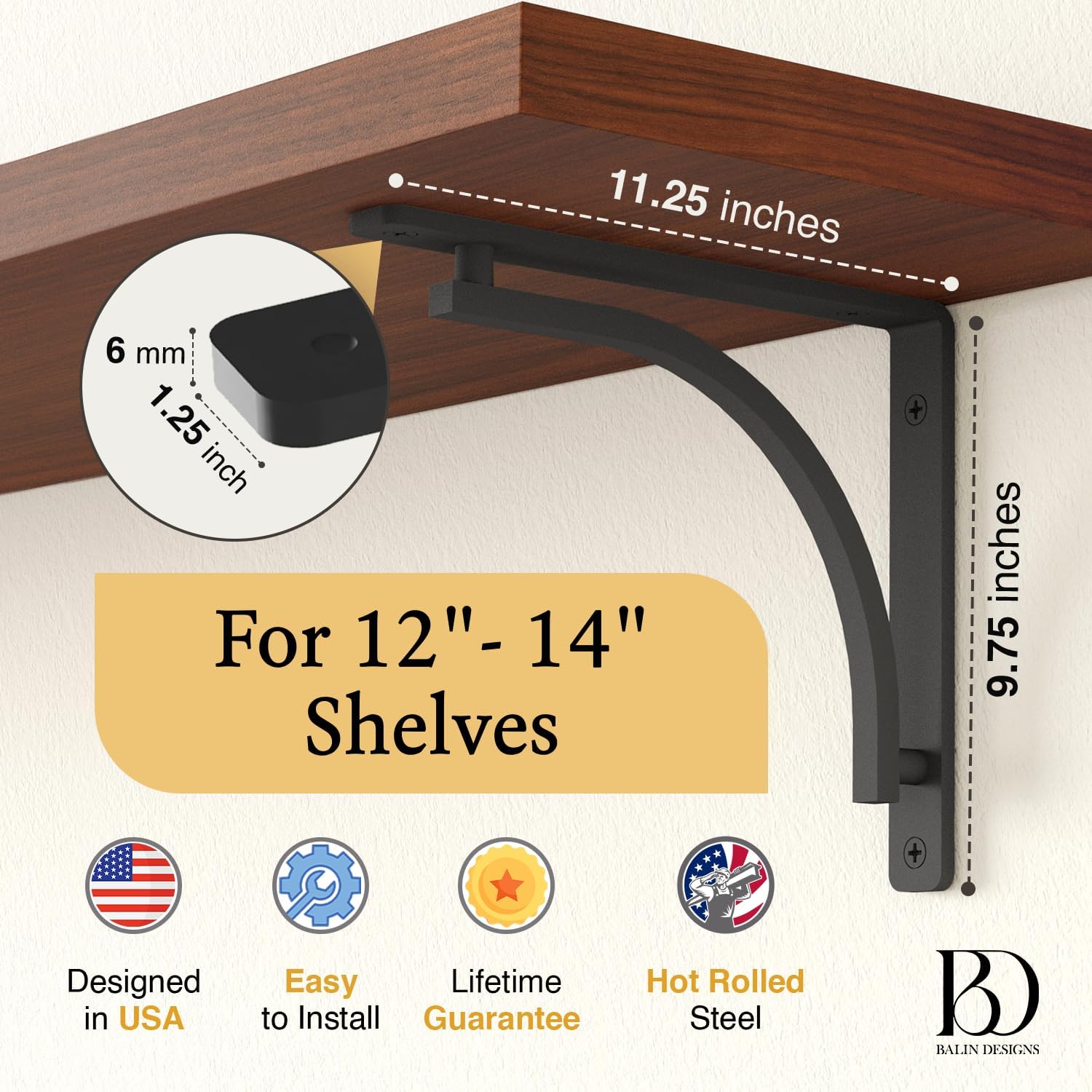 Classic Black Heavy Duty Shelf Brackets 12 inch by Balin Designs – L Bracket, Wall Mounted Support, Shelving Metal Bracket, Decorative Shelf Brackets, with Hardware Included, Set of 2