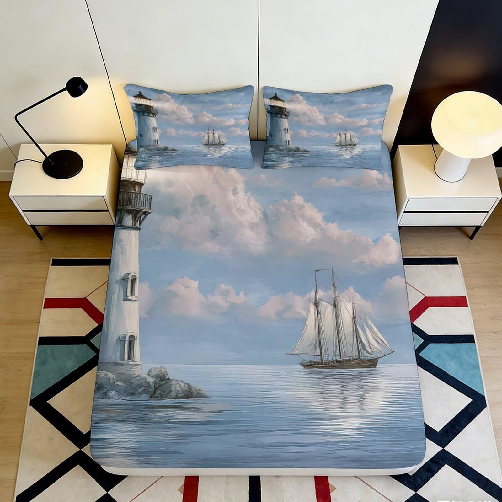 3D Printed Lighthouse and Sailing Ship Fitted Sheet Microfiber Durable Soft 3D Printed Ocean Bed Cover for Bedroom Dormitory Guest Room Mattress Protection 140x200x25cm