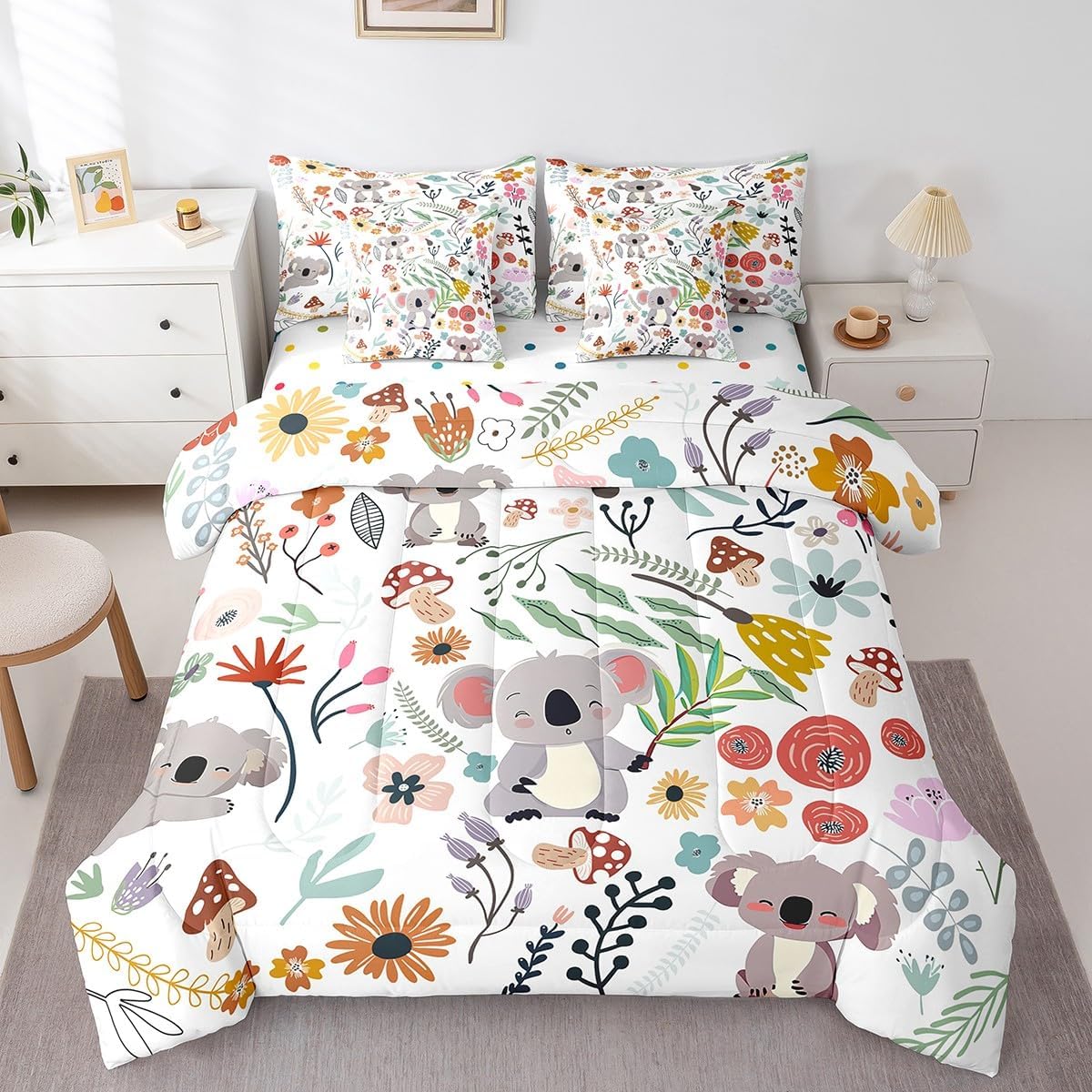 Erosebridal Cute Koala Comforter Set 7 Piece Bed in a Bag Twin,Mushroom Floral Cartoon Animal Bedding Sets Watercolor Flowers Leaves Sheet Set with Comforter