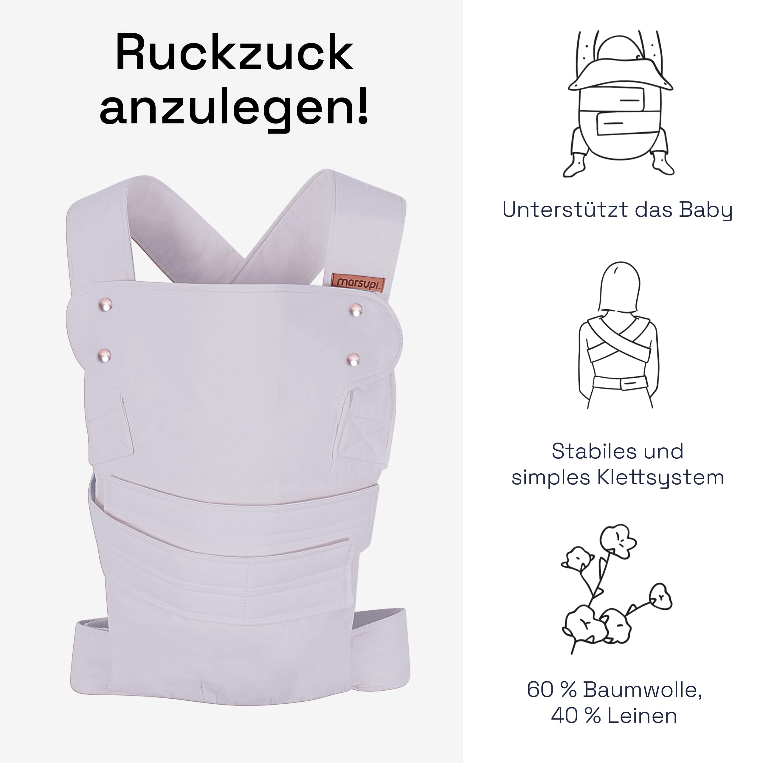 marsupi Babytrage für Neugeborene ab Geburt bis 15kg - kompakte Babytrage mit stabilem Klettsystem - aus luftigem Baumwoll-Leinen-Gewebe, Lilac (S/M)