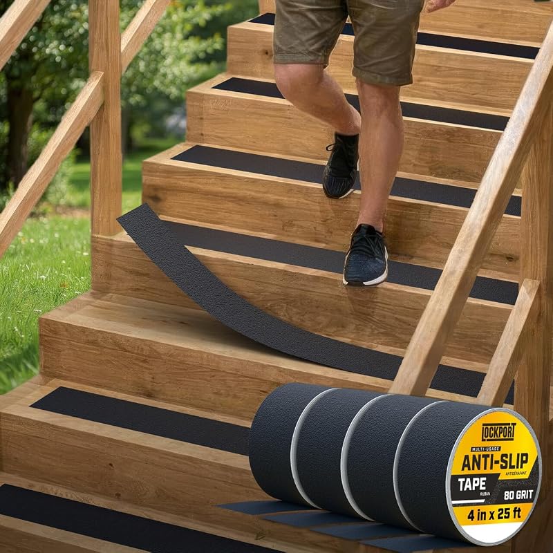 Lockport Cinta antideslizante – Cinta de agarre negra resistente para escaleras – Paquete de 4 – 4 pulgadas x 25 pies cada rollo para peldaños de escaleras antideslizantes para exteriores/interiores – Tracción para rampas y escalones