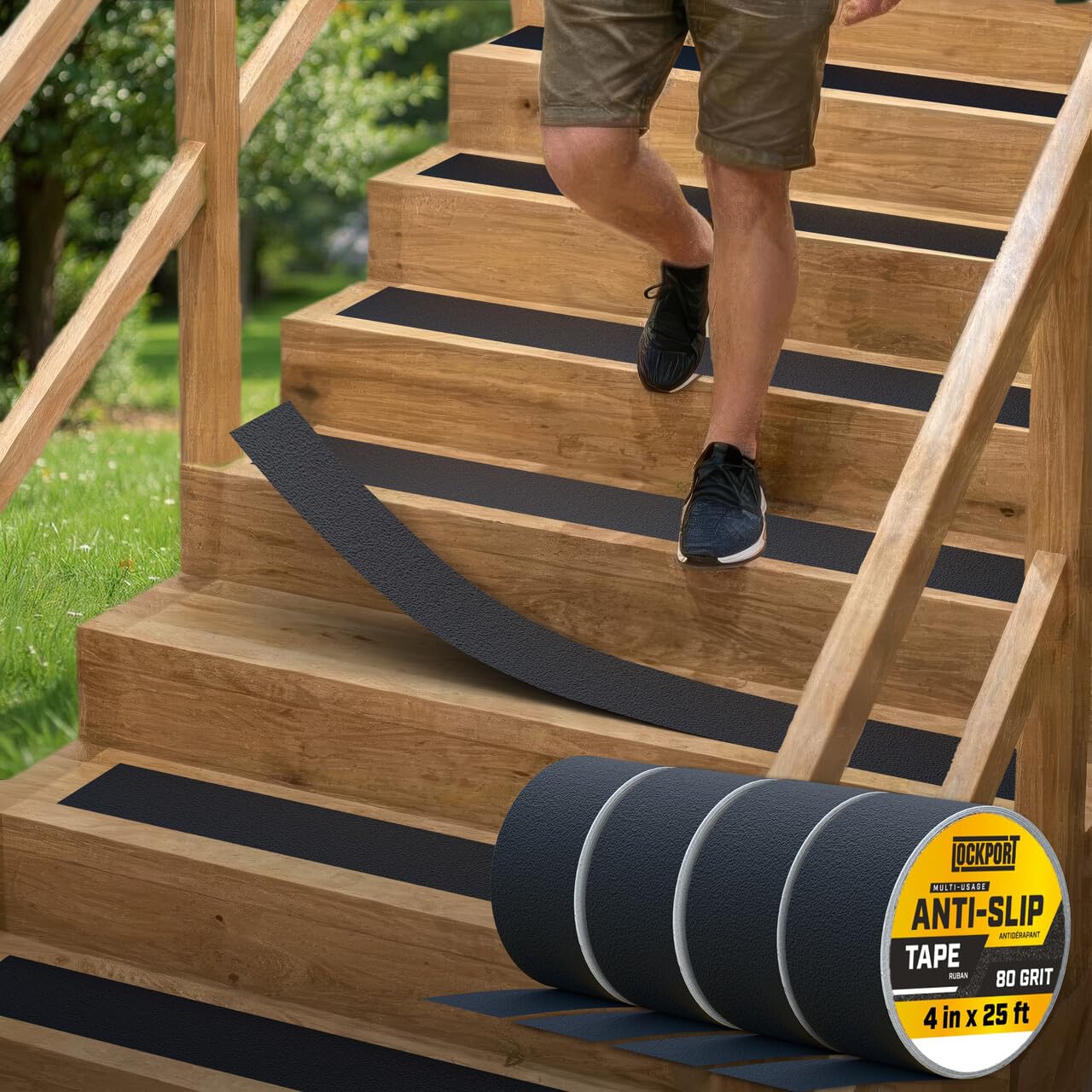 Lockport Anti Slip Tape - Heavy Duty Black Grip Tape for Stairs - 4 Pack - 4” x 25ft Each roll for Stair Treads Non Slip Outdoor/Indoor - Traction for Ramps and Steps
