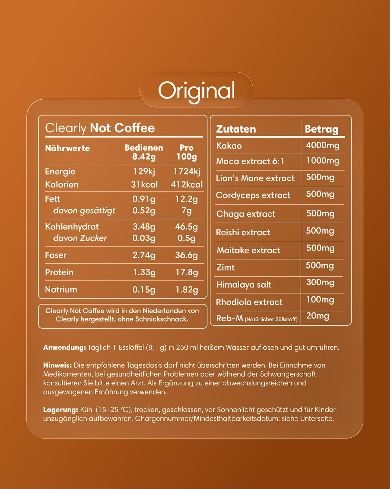 Clearly Not Coffee – Ungesüßtes Pilzgetränk mit Kakao, Chaga, Reishi, Lion's Mane & Cordyceps – Kaffee­freie Kakao-Alternative, Vegan & Zuckerfrei – 255 g