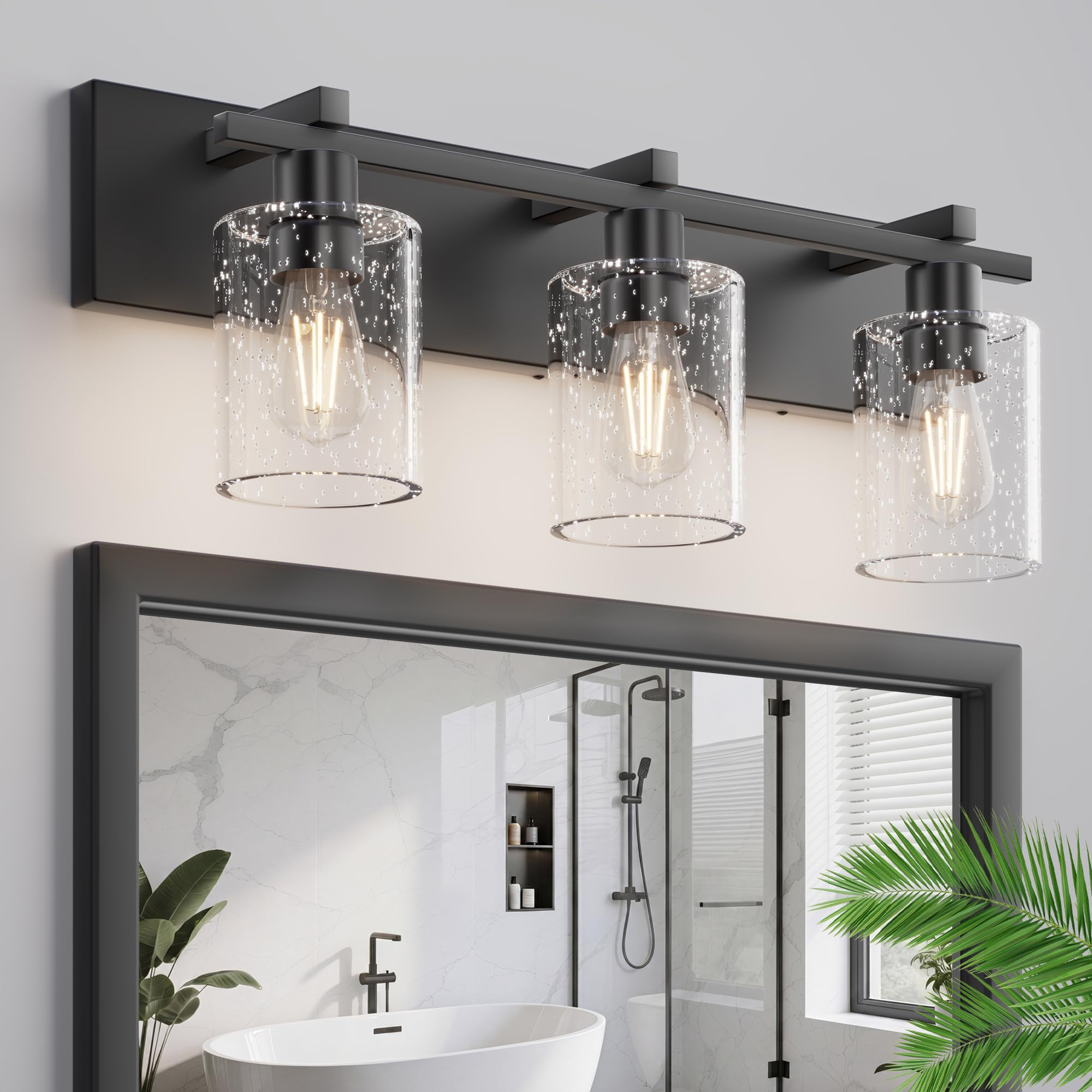 3-Light 21inch Black Vanity Light, Thickened Seeded Glass Shade | Over Mirror for Bathroom, Rust Resistant, E26 Base, Easy Install, Removable Glass Shade Horizontal Mount, Dimmable
