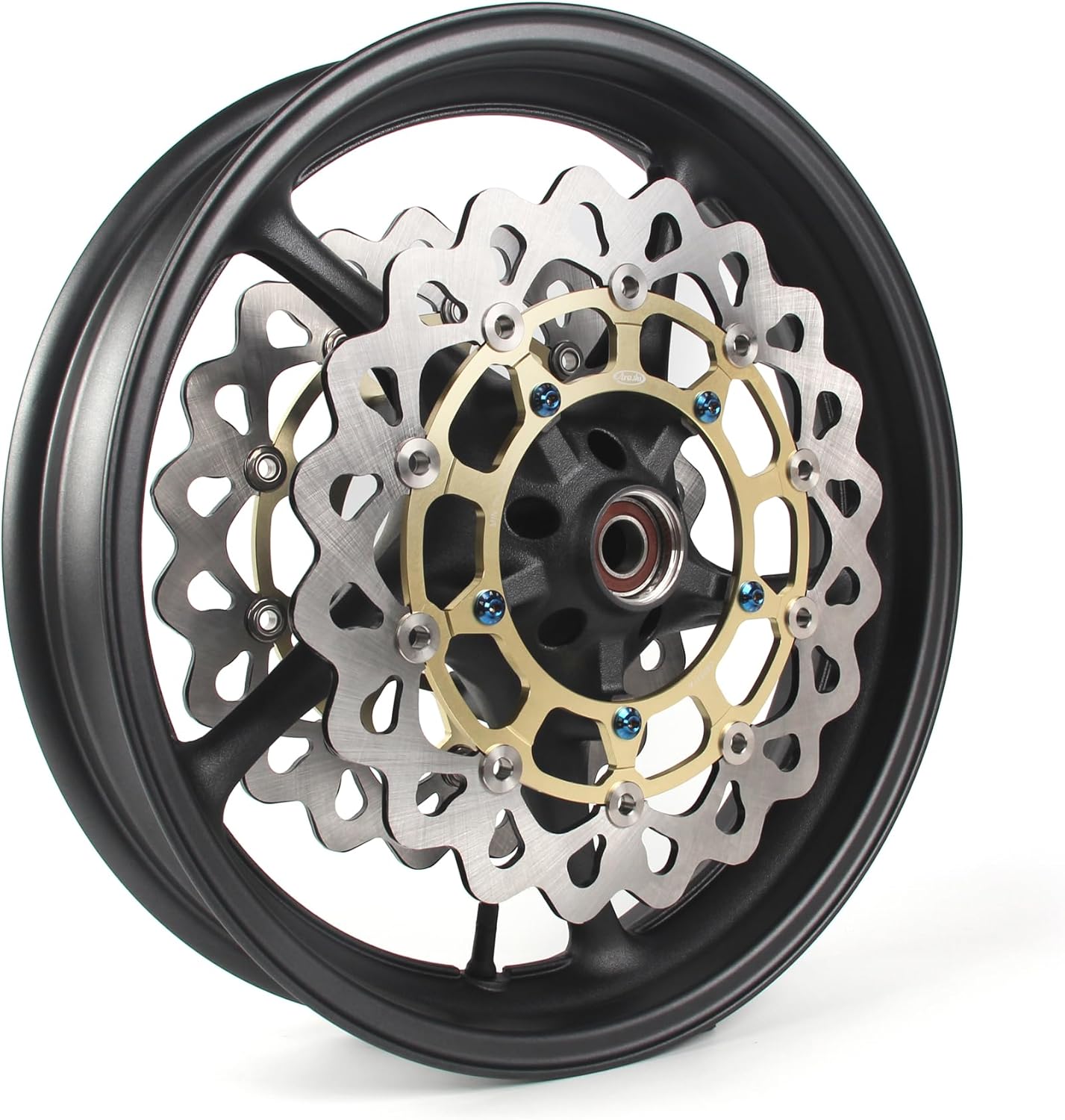 Matte Black Front Wheel Rim and Brake Discs Rotors Compatible with Yamaha FZ1 2006-2009, Motorcycle Replacement Accessories Parts