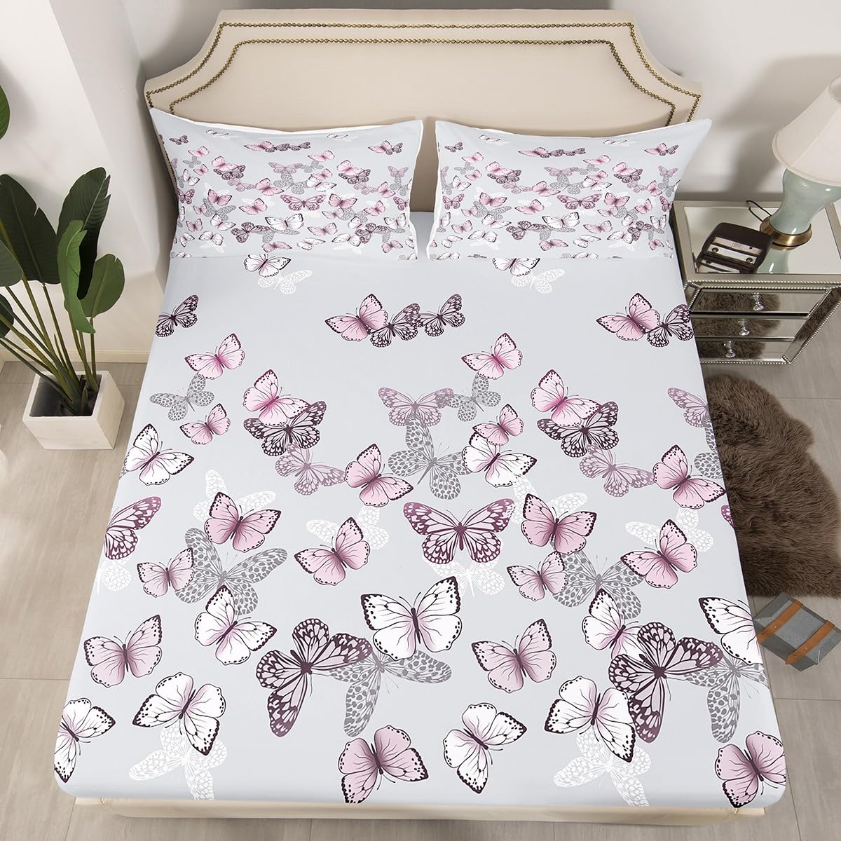 Homemissing Butterfly Bed Sheet Set King Size for Girls Adults Women Kids Butterflies Print Bedding Set Princess Style Sheet with Deep Pocket Fitted Sheet+2 Pillowcase Animal Theme Bed Sheet Set - Image 4