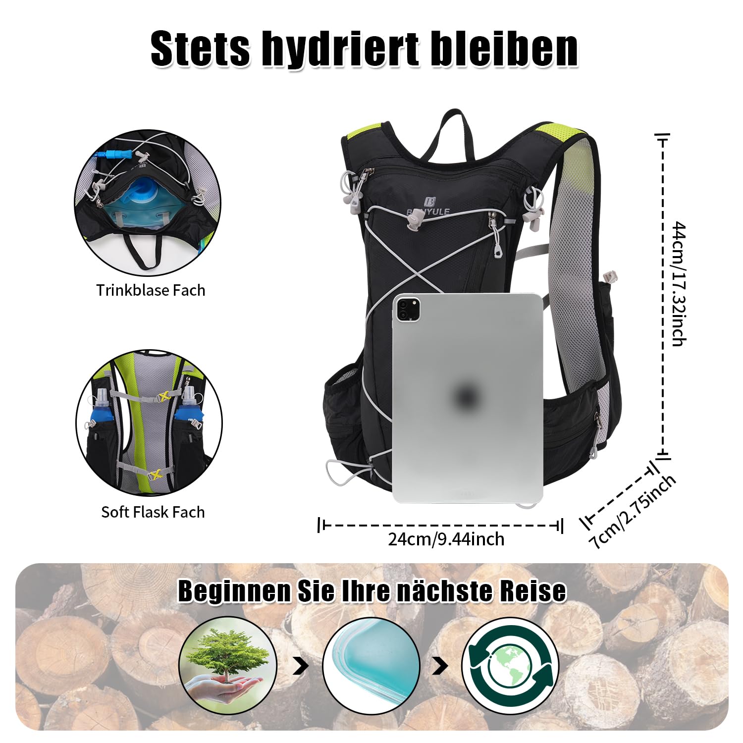 BBAIYULE Sac à Dos Hydratation Course Vélo – 2 L Poche à Eau – Gilet Running Ultra Léger Réfléchissant – 12 Compartiments – Homme Femme Trail Randonnée