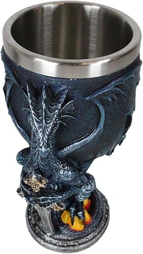Miniatura 6 de Ebros - Dragón alado de fuego divino azul celestial con espada Excalibur, copa de cáliz de vino, capacidad de 7 onzas, resina con forro de acero