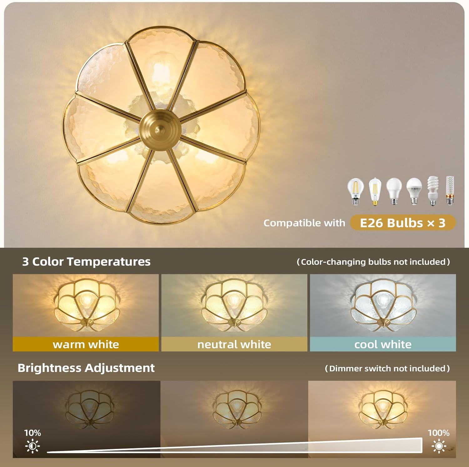 Gold Vintage Brass Ceiling Light - Small 11.8 Inch Hammered Glass Mid Century Flush Mount Lighting Fixtures - Art Deco Antique Modern Lamp for Hallway Bedroom Kitchen Entryway Laundry Foyer Bathroom
