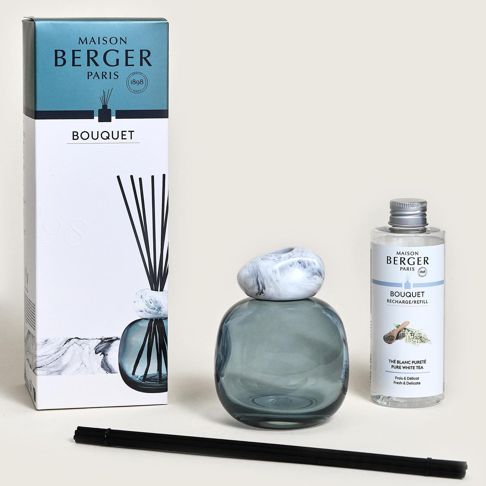 MAISON BERGER Bouquet Minéral Thé Blanc Pureté Diffusore 180 ml | Bouquet Minéral Thé Blanc Pureté, vetro laccato (blu), 180 ml con 6 bastoncini, circa 6 settimane