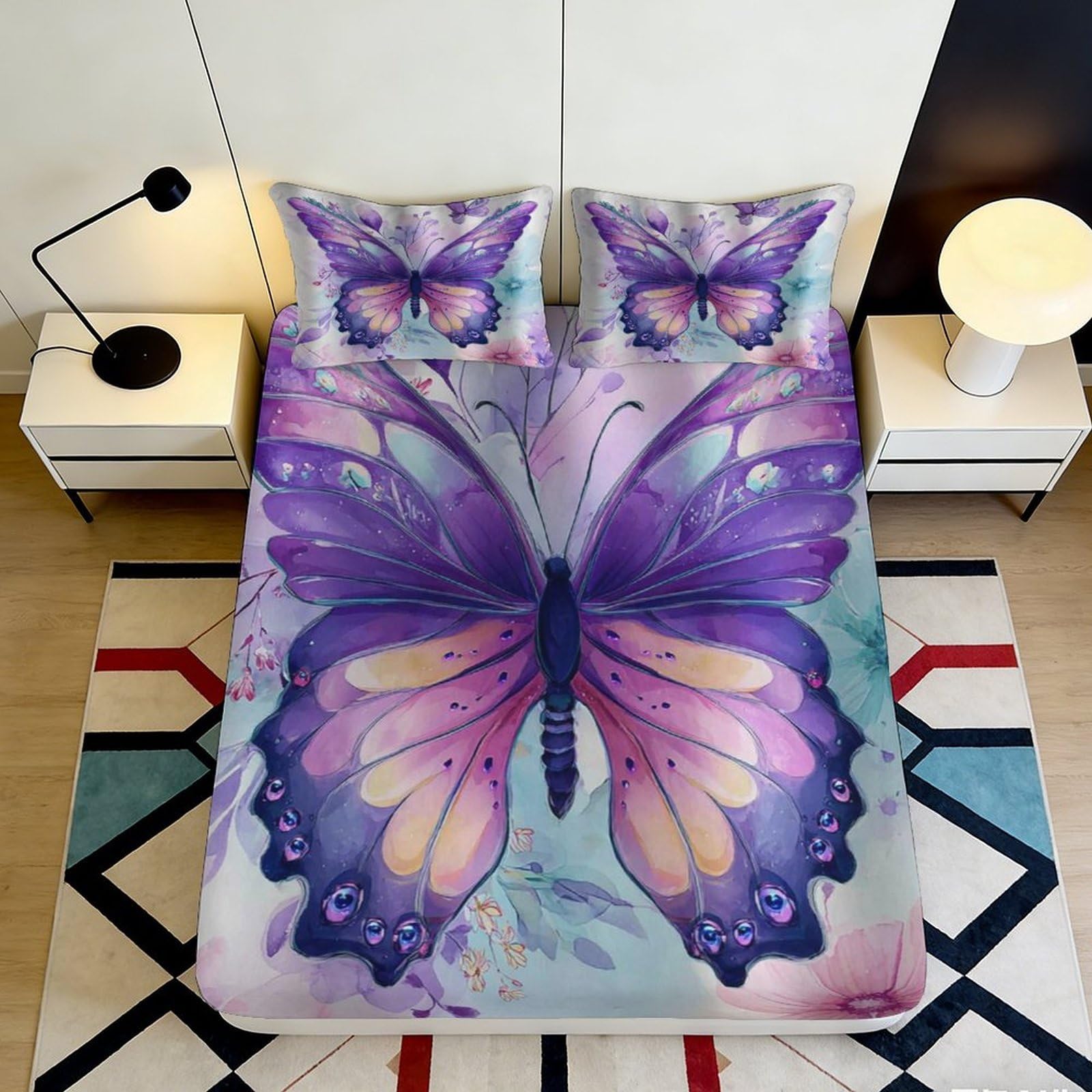 Jqzkxnhpbr Style-9 3D Printed Purple Butterfly Fitted Sheet Microfiber Soft Bed Cover For Bedroom Guest Room Decorative Mattress Protection 90X200x25cm