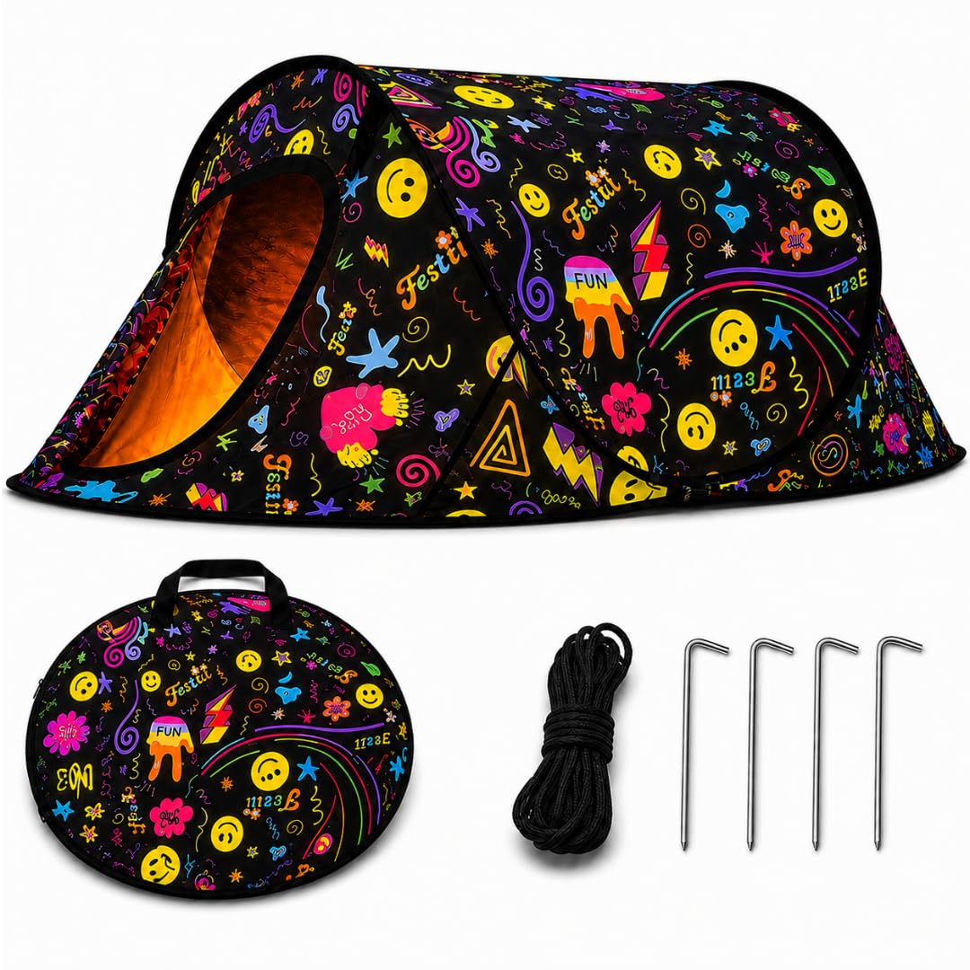 FESTII 2 PERSON POP UP FESTIVAL TENT, WATERPROOF INSTANT CAMPING TENT, EASY PITCH SHELTER, SMILEY FACE DESIGN IN BLACK.