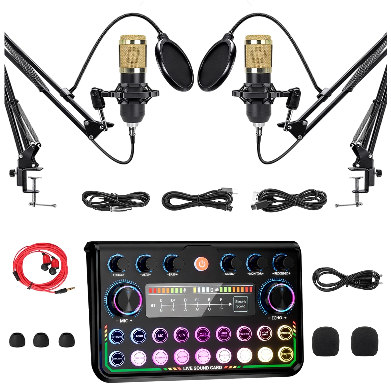 Kit doppio microfono streaming, set di apparecchiature per podcast per 2 persone con scheda audio e cambia voce, interfaccia audio con microfono podcast, microfono a condensatore, set mixer per