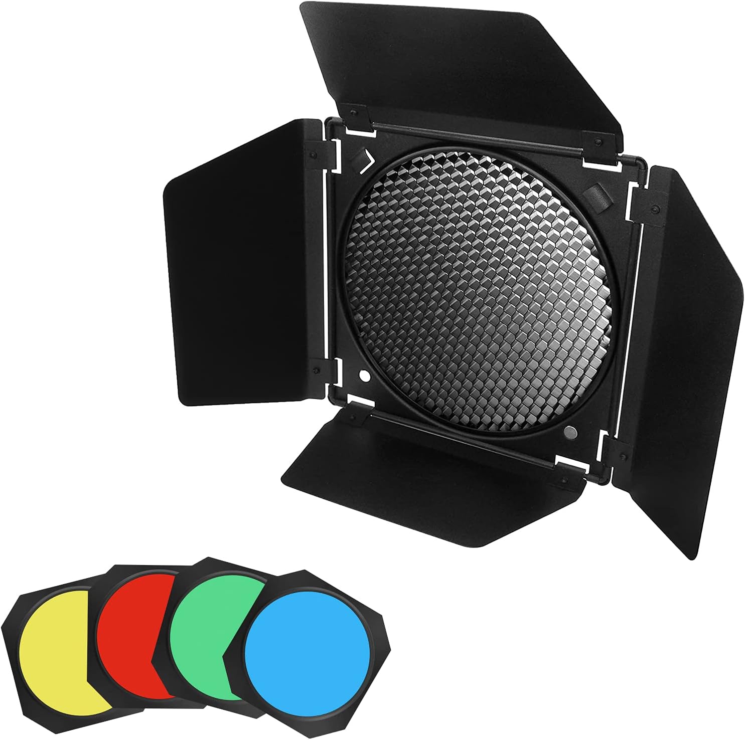 BD-04 Barn Door with Honeycomb Grid and 4 Color Gel Filters (Red,Yellow, Blue,Green) for Standard Reflector & Cloth