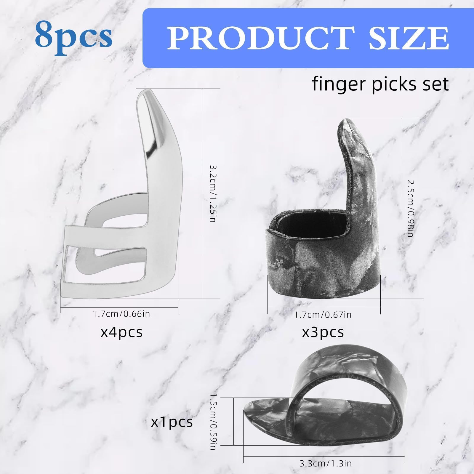 8Pcs Steel Finger Picks Set Stainless Steel Finger and Thumb Pick Metal Finger Picks Adjustable Bass Guitar Accessories for Guitar, Banjos and Other