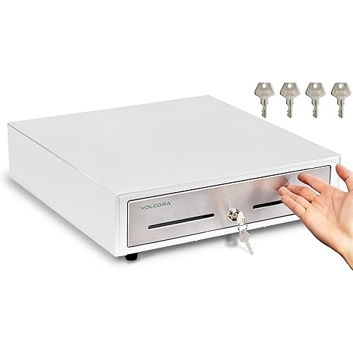 Volcora 16" Manual Push Open Cash Register Drawer for Point of Sale (POS) System - White and Stainless Steel Front Touch Panel - Durable with Removable Tray, 5 Bills and 8 Coin Slots, Key Lock