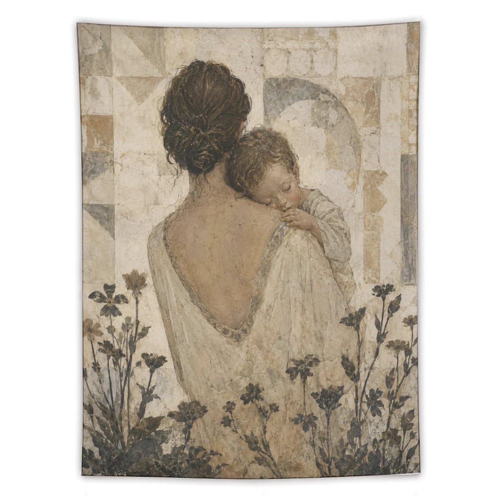 W7C8U2X3 Mother and Child Sepia Wall Tapestry, Floral Background