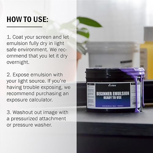 Miniatura 3 de Ecotex Emulsión de serigrafía para principiantes (8 onzas) - Emulsión fotográfica presensibilizada lista para usar para pantallas de seda y tela -