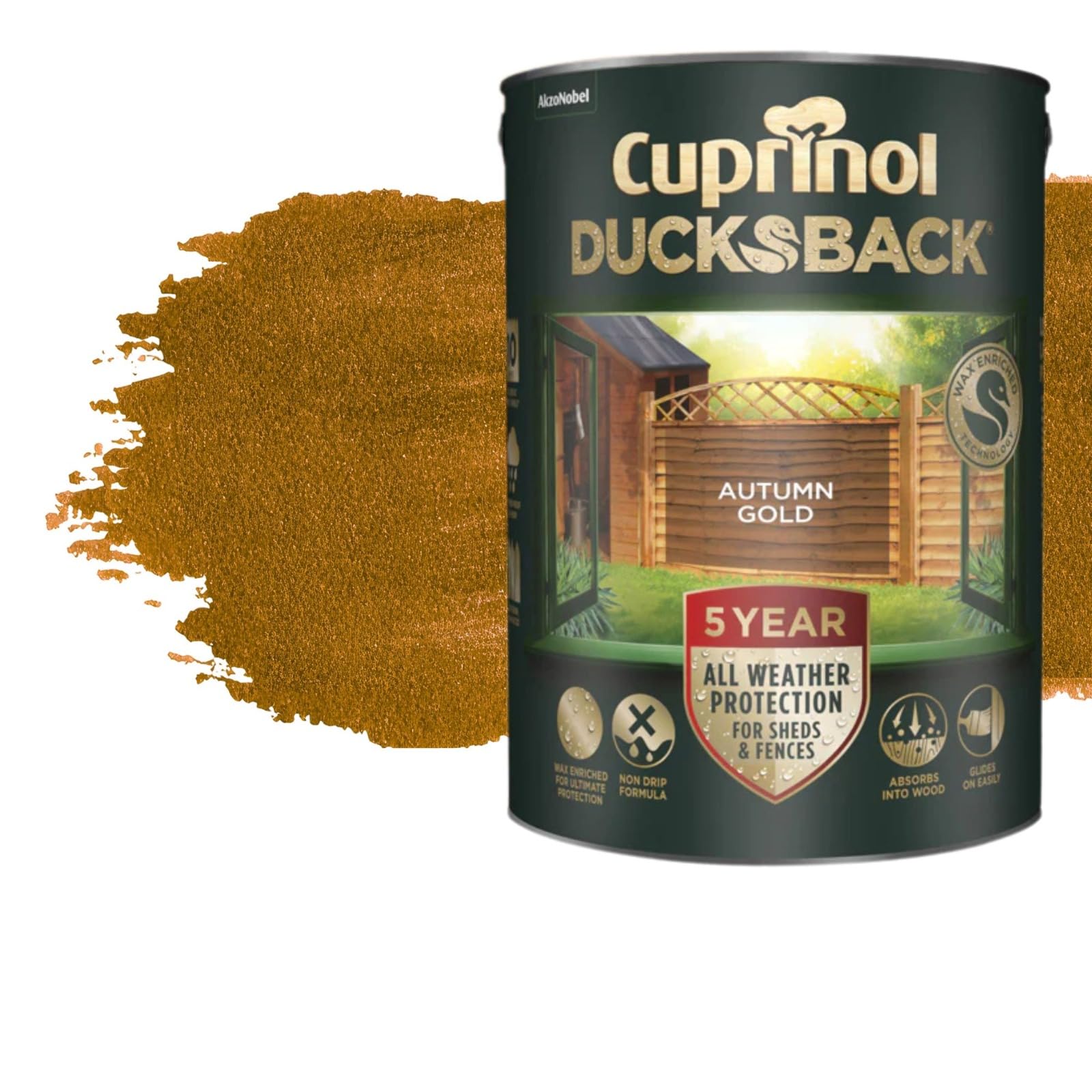 Milena 5L Ducksback Autumn Gold Waterproof Shed Paint, Wax Enriched Fence Paints 5 Year All Weather Protection, Non Drip, Renovate Garden Furniture Quick Drying (Autumn Gold, 5 Liters)