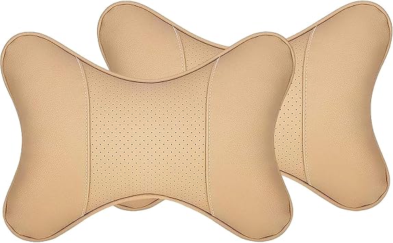 2PCS Car Neck Pillow for Subaru Outback 2005-2024, Universal Leather Ergonomic Support Headrest Cushion with Adjustable Strap Soft Comfortable for Driving Fatigue Relief,Beige