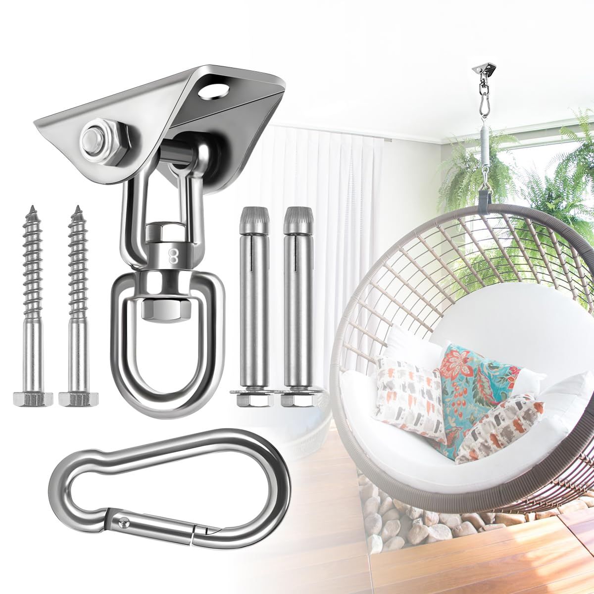 Kit para colgar hamacas, accesorios para sillas colgantes con rotación de 360° y capacidad de 1200 libras, ganchos de hamaca resistentes, kit de colgar silla hamaca y gancho de techo para soporte de