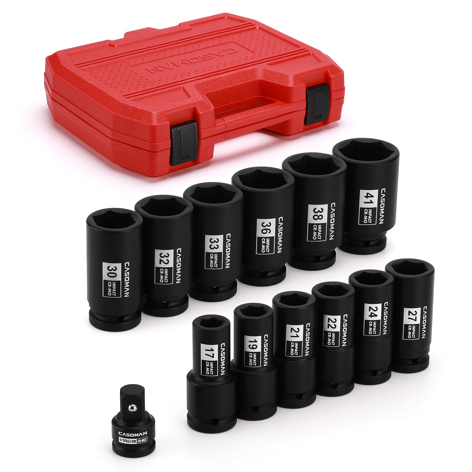 CASOMAN Juego de llaves de impacto profundo de 3/10.2 cm, surtido de 13 piezas, métricas (17 mm a 41 mm), 6 puntos, incluye adaptador M de 1/2 pulgada F a 3/4 pulgadas, acero CR-MO