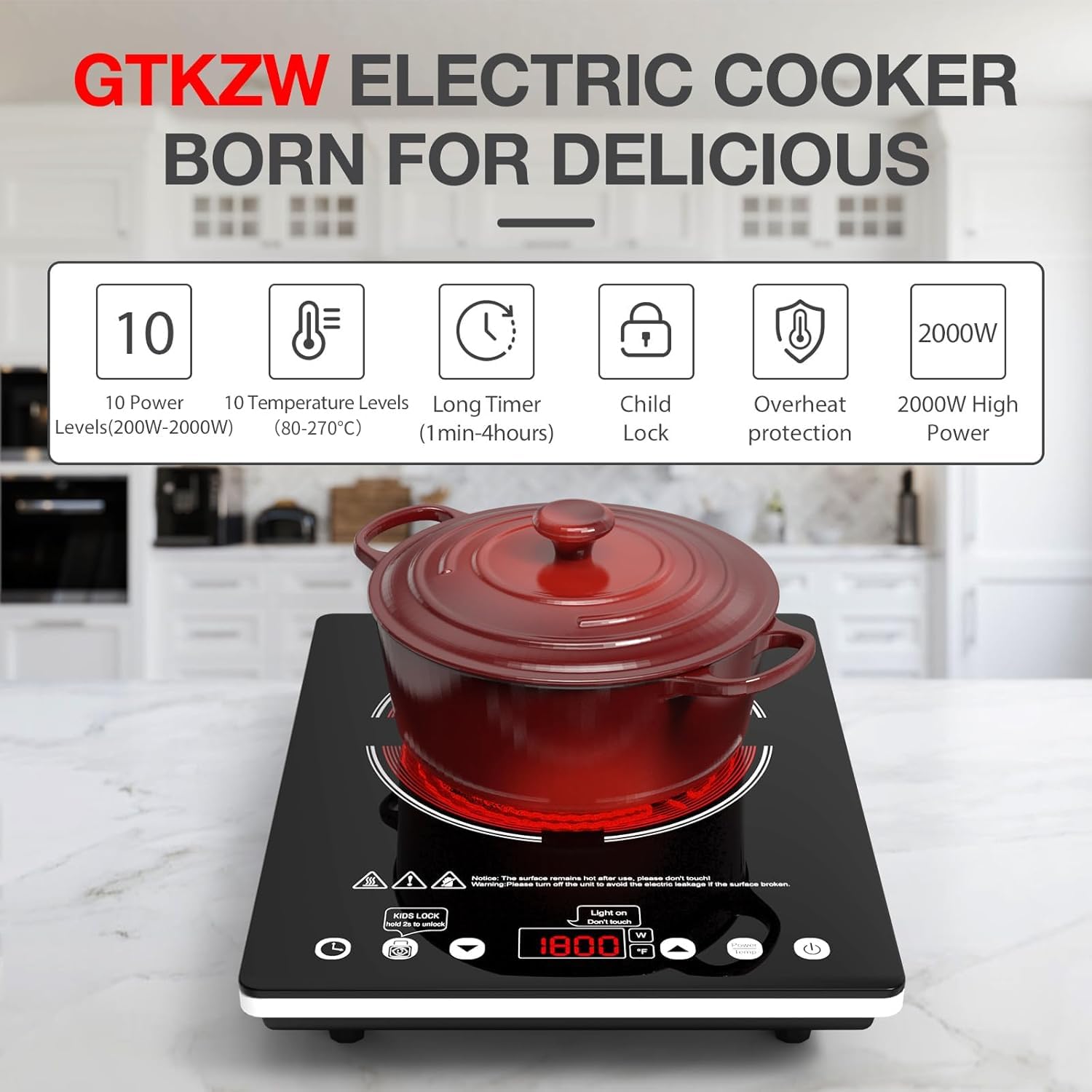 Placa Vitrocerámica Portátil 2000W, Hornillo Eléctrico de 1 Fuego Compatible con Todas las Ollas - Placa de Cocina con Temporizador y Seguridad, para Autocaravana, Camping y Estudio