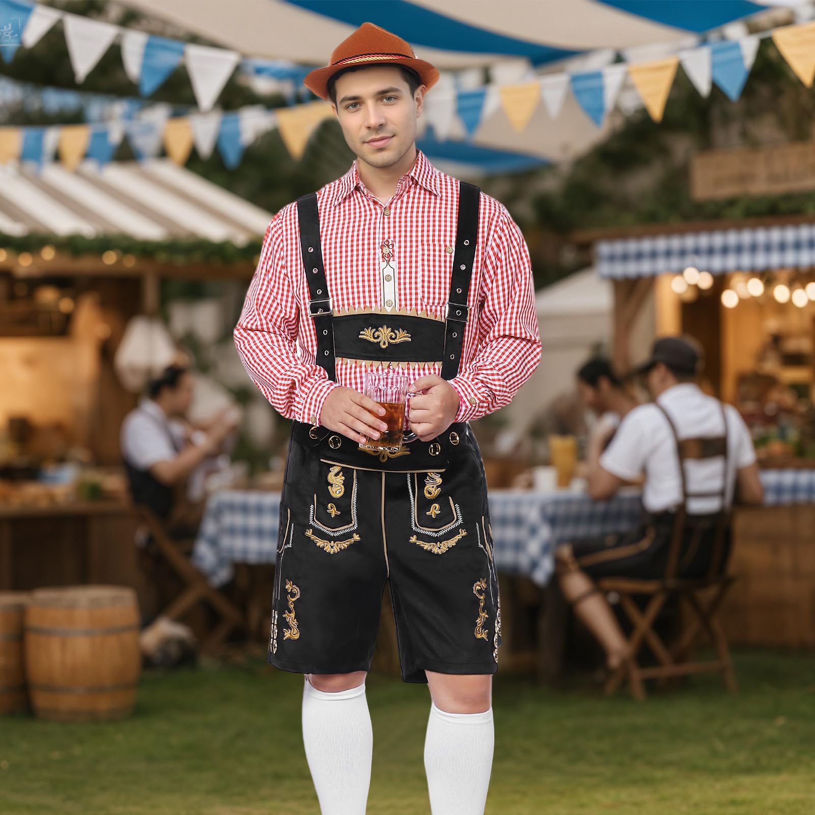 Strój męski na Oktoberfest, bawarski tradycyjny strój męski na Oktoberfest z tradycyjnymi skórzanymi spodniami, kapeluszem i skarpetkami na karnawałową imprezę cosplay (Czarny, L)
