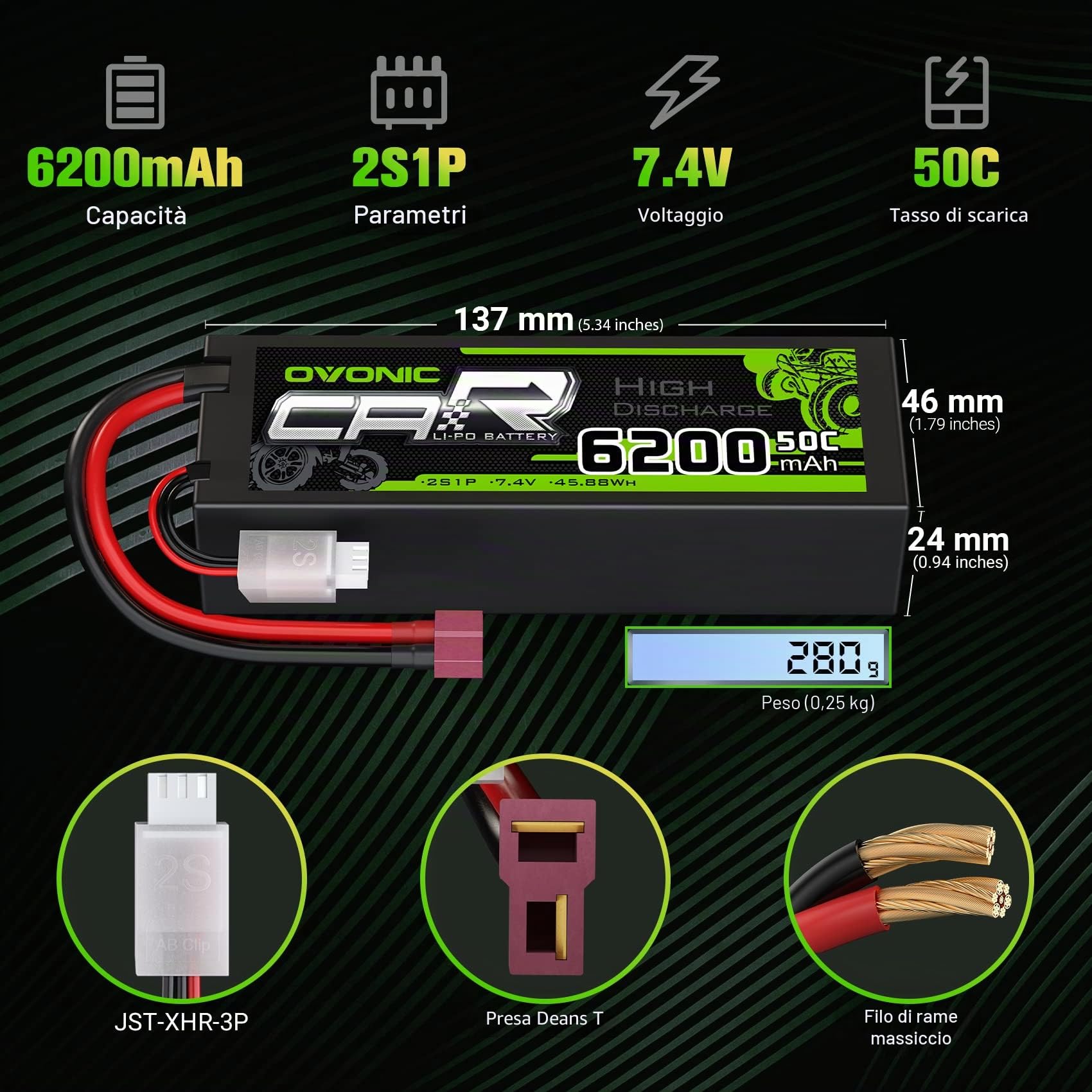 OVONIC 2s Batteria Lipo 6200mAh 50C 7.4V batteria Lipo con Deans Plug HardCase per RC Evader BX Auto RC Camion RC Truggy RC Aereo UAV Drone FPV（ 2 Confezioni）