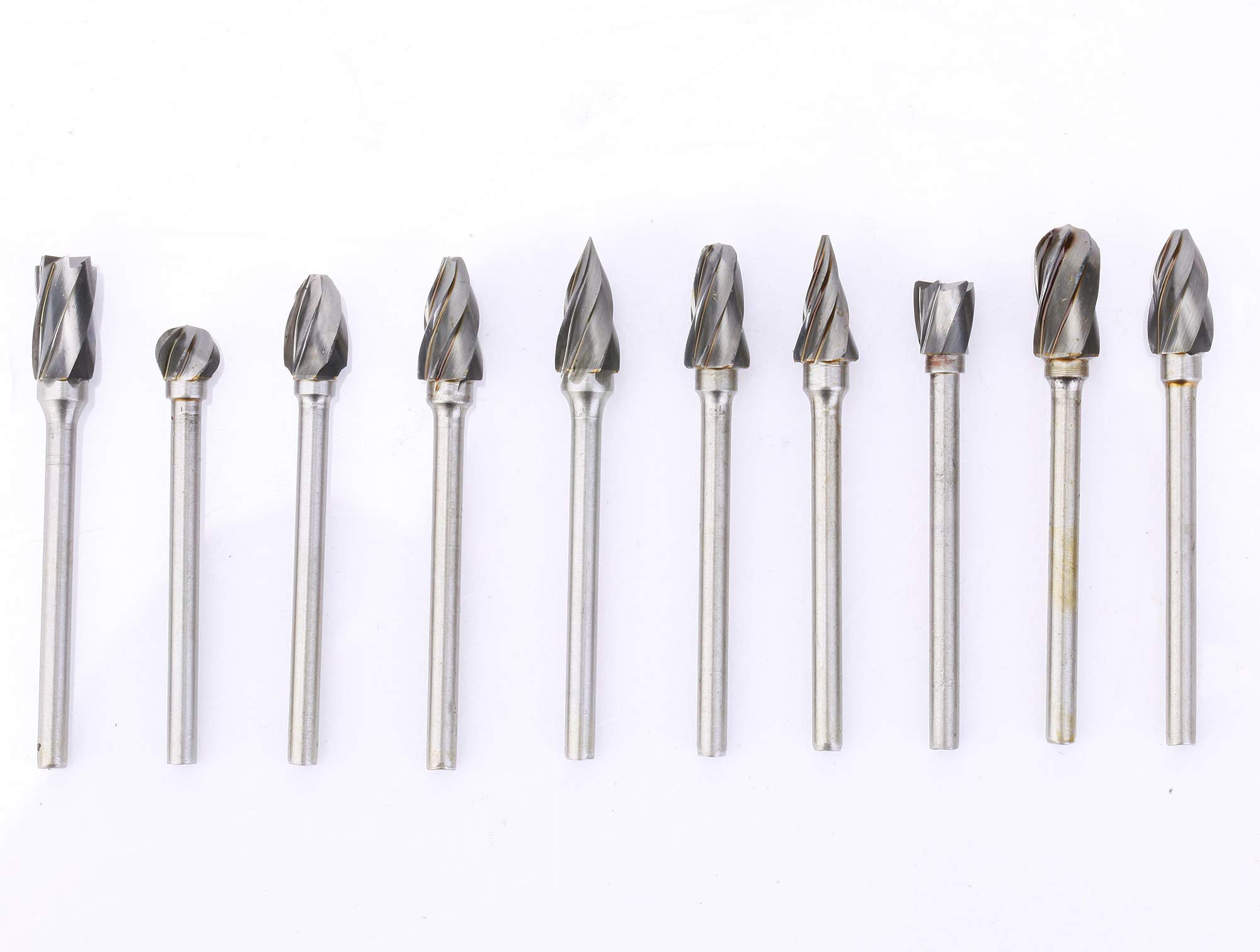 DLtools 10pcs Aluma Cut Tungsten Carbide Rotary Burr Set, Metal Carving Drilling Polishing Cutter Bits with 1/8"(3mm) Shank and 1/4"(6mm) Head Dia for Die Grinder Drill Aluminum and Wood — Amazon image 5