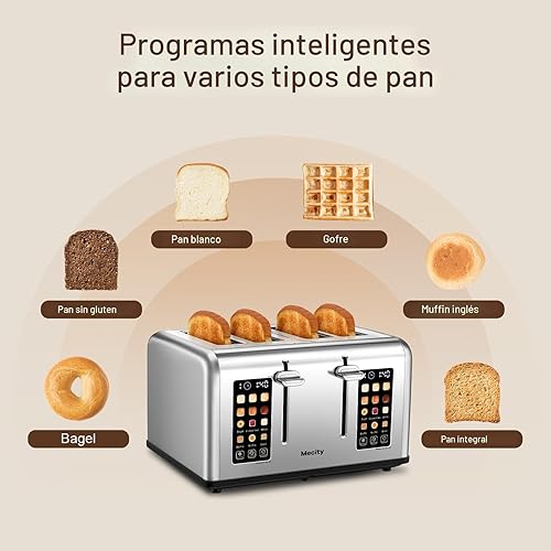 Miniatura 3 de Mecity Tostadora de 4 rebanadas con control de pantalla táctil, 4 ranuras anchas, tostadora de pan inteligente de acero inoxidable para bagels,