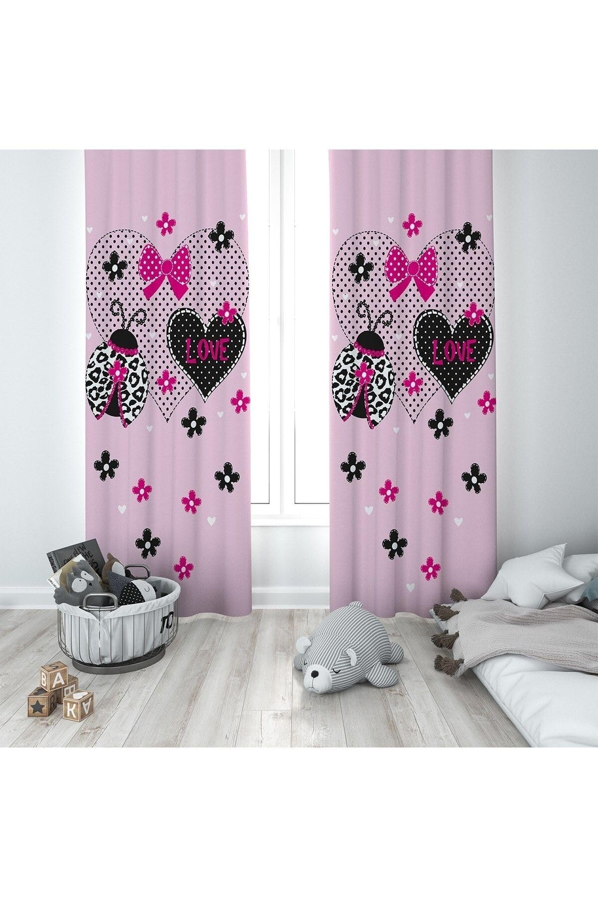 Pelangi Pembe Love Desenli Dijital Baskı Yıkanabilir Bebek Çocuk Odası Fon Perdesi, pembe-siyah 70 x 200